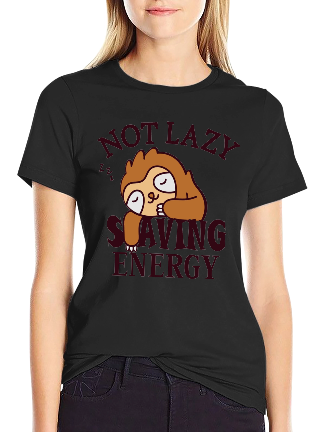 Sloth Not Lazy Saving Energy Black T-Shirt
