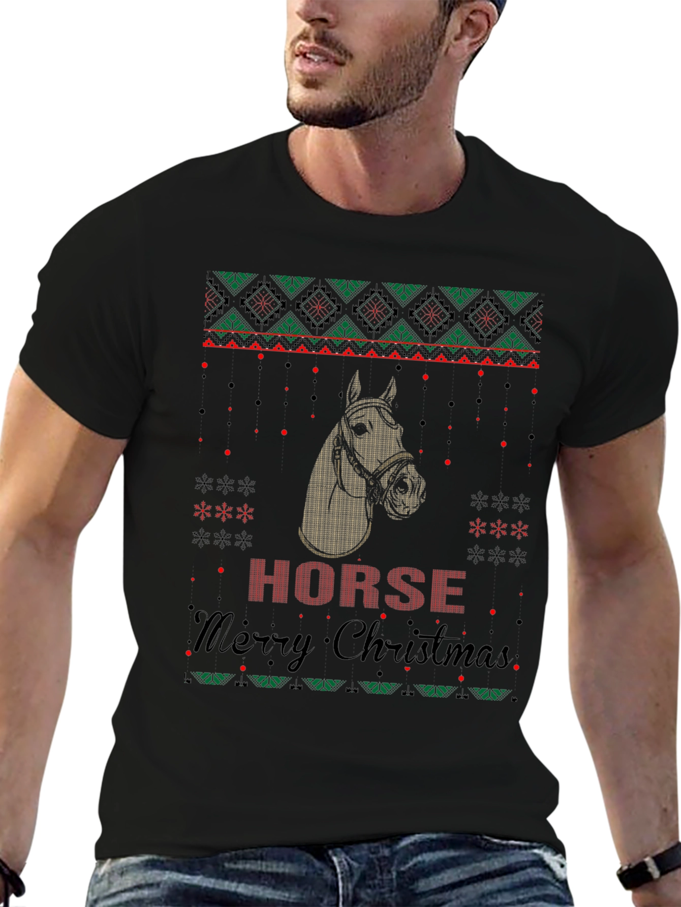 Horse Ugly Christmas Sweater Style Graphic Tee