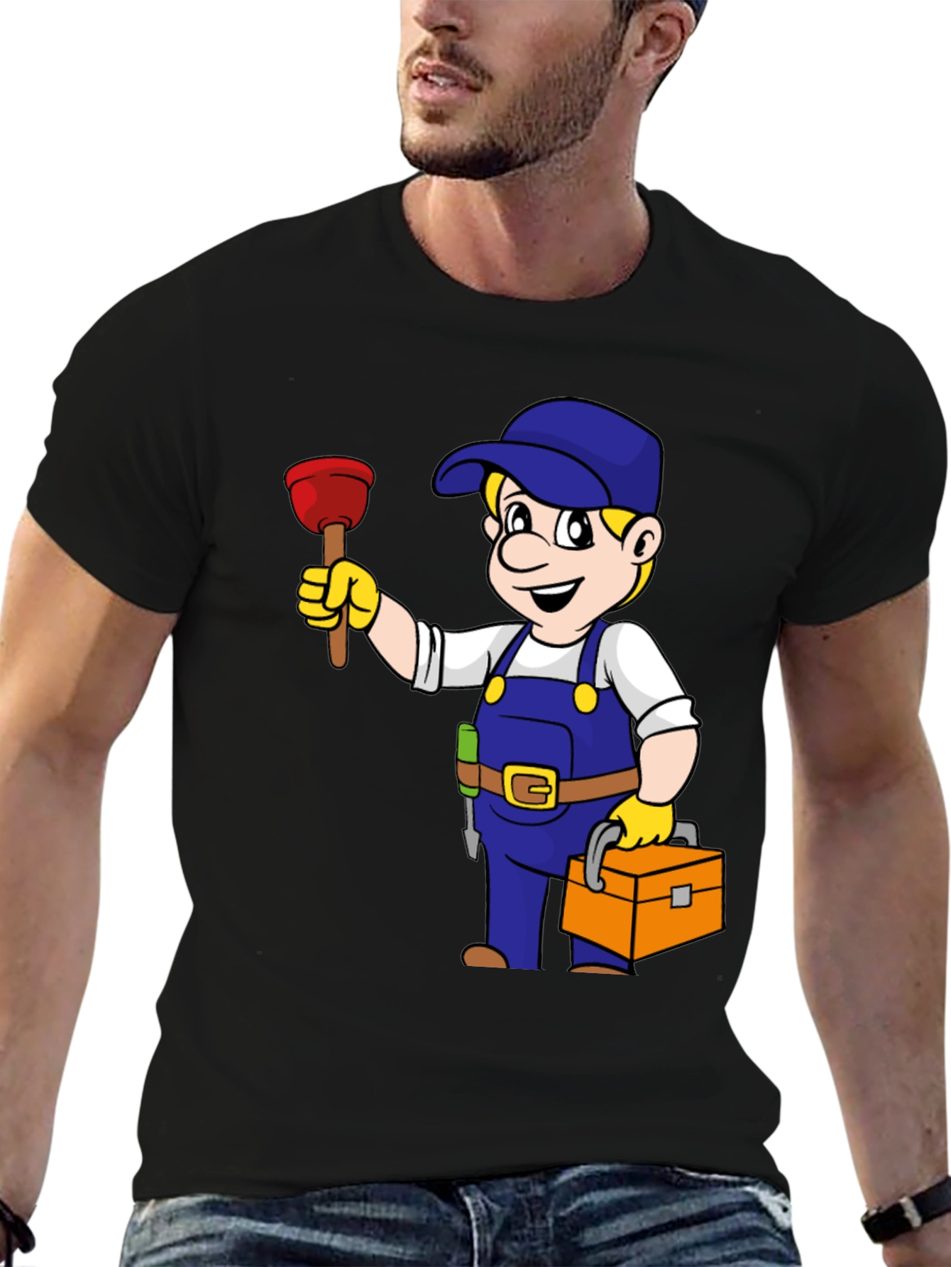 Plumber Cartoon Graphic Black T-Shirt