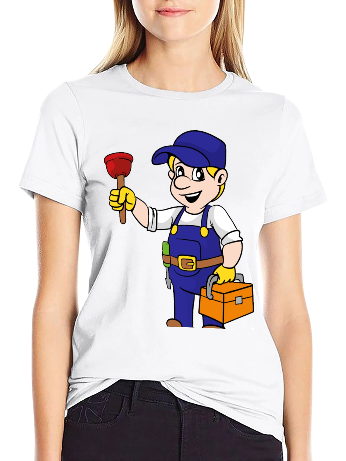 Plumber Cartoon Graphic Black T-Shirt