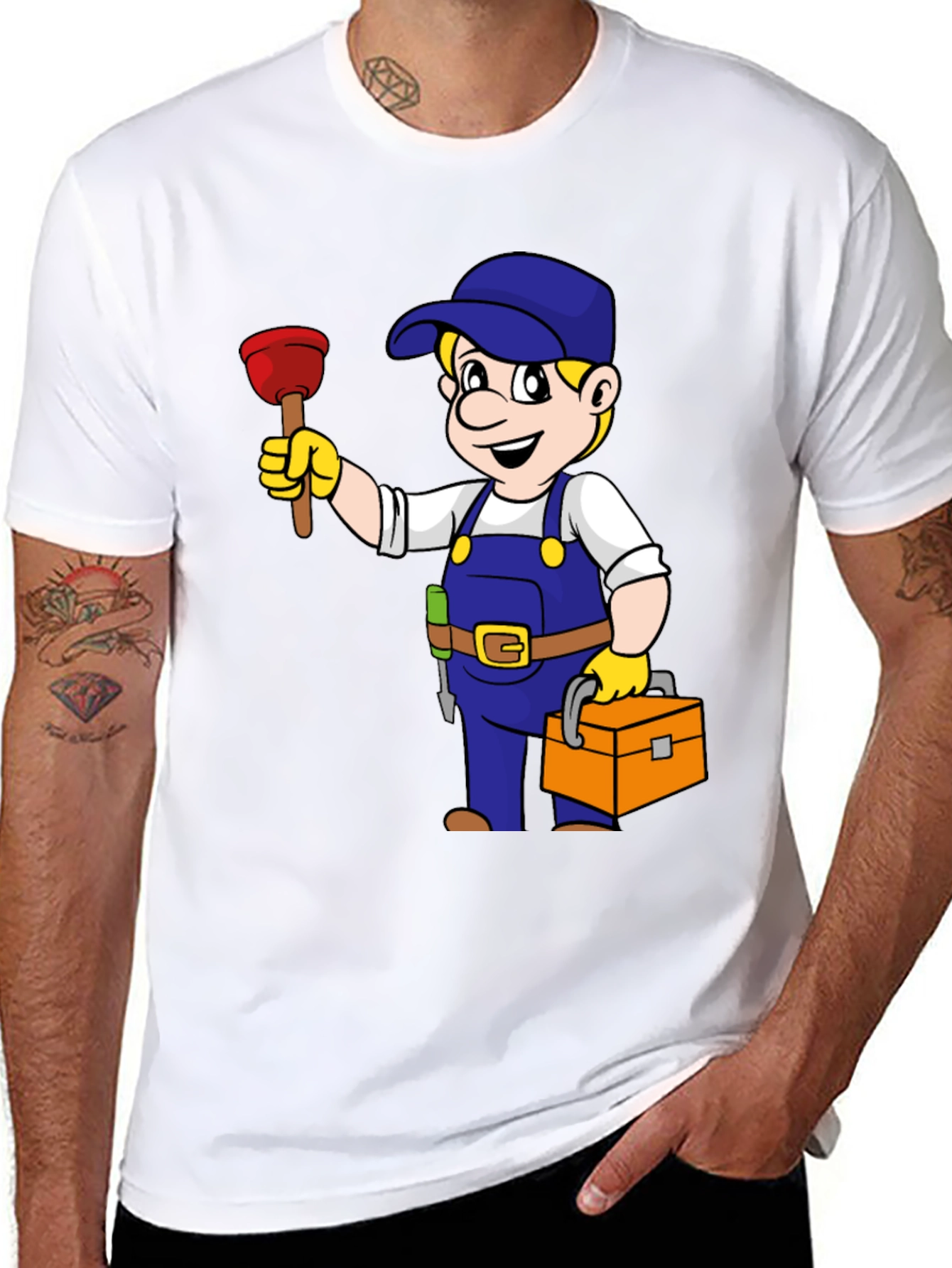 Plumber Cartoon Graphic Black T-Shirt