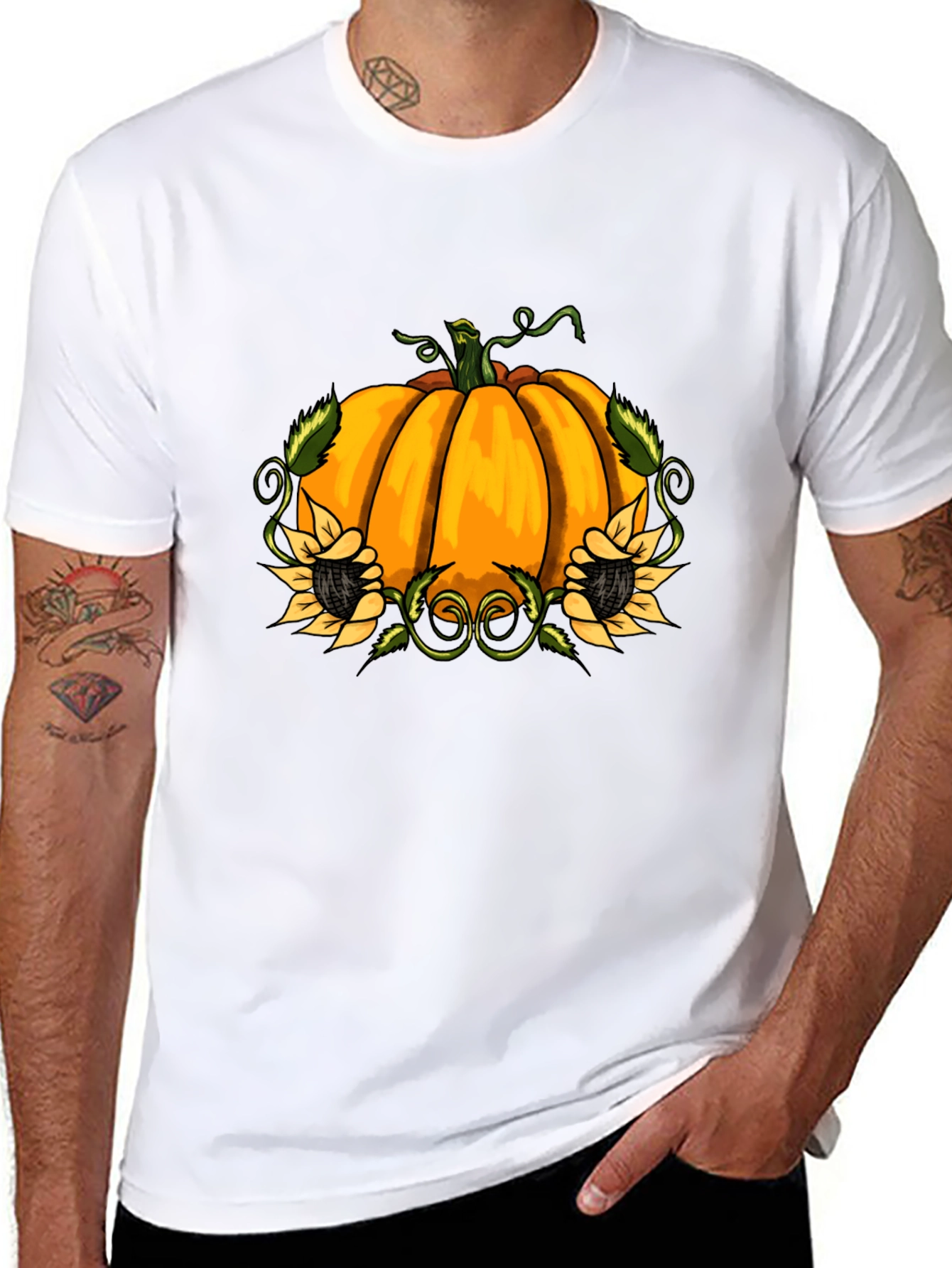 Pumpkin & Sunflower Graphic Print Black T-Shirt