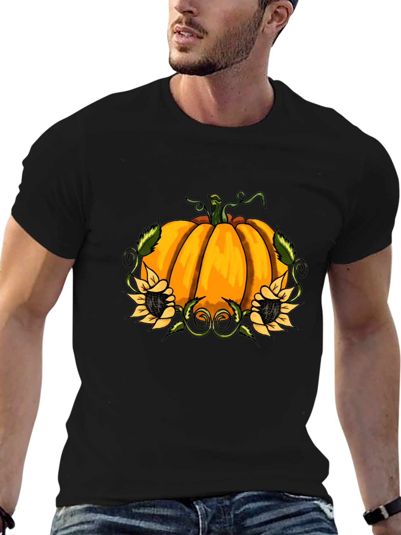 Pumpkin & Sunflower Graphic Print Black T-Shirt