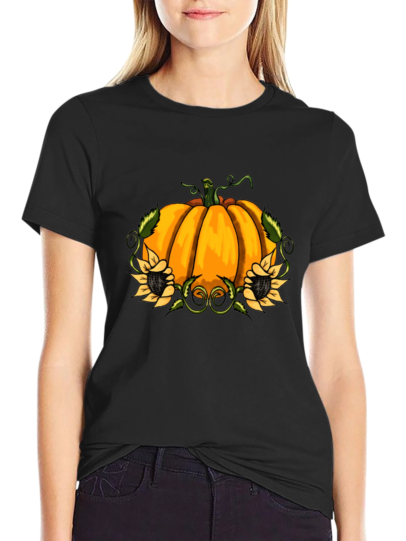 Pumpkin & Sunflower Graphic Print Black T-Shirt