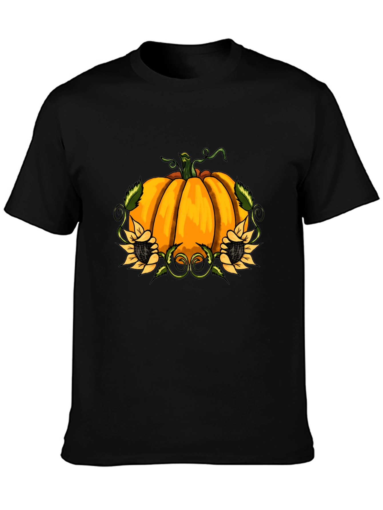 Pumpkin & Sunflower Graphic Print Black T-Shirt