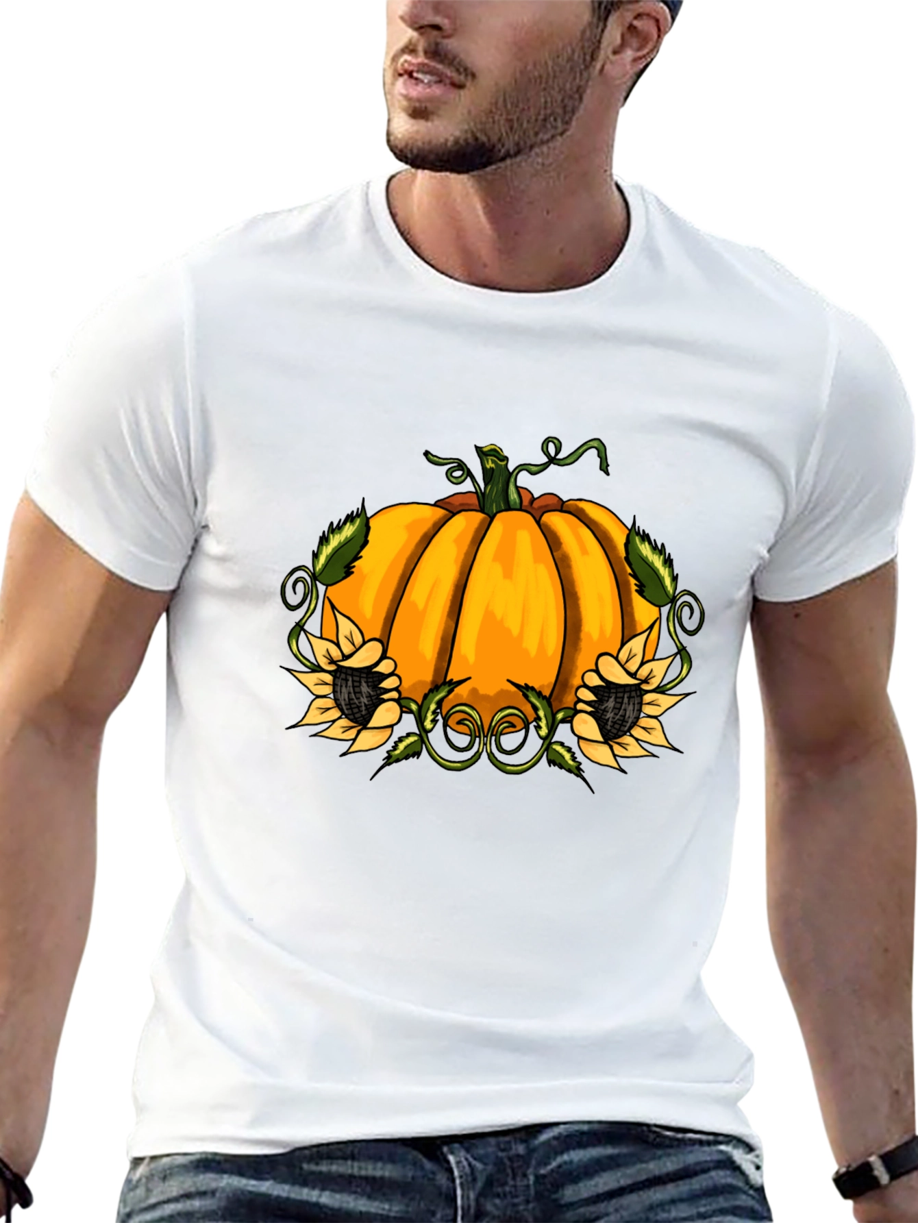 Pumpkin & Sunflower Graphic Print Black T-Shirt