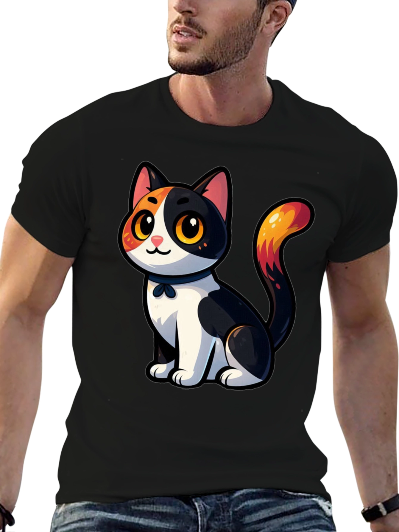Cartoon Cat Graphic T-Shirt - Unisex Black Tee