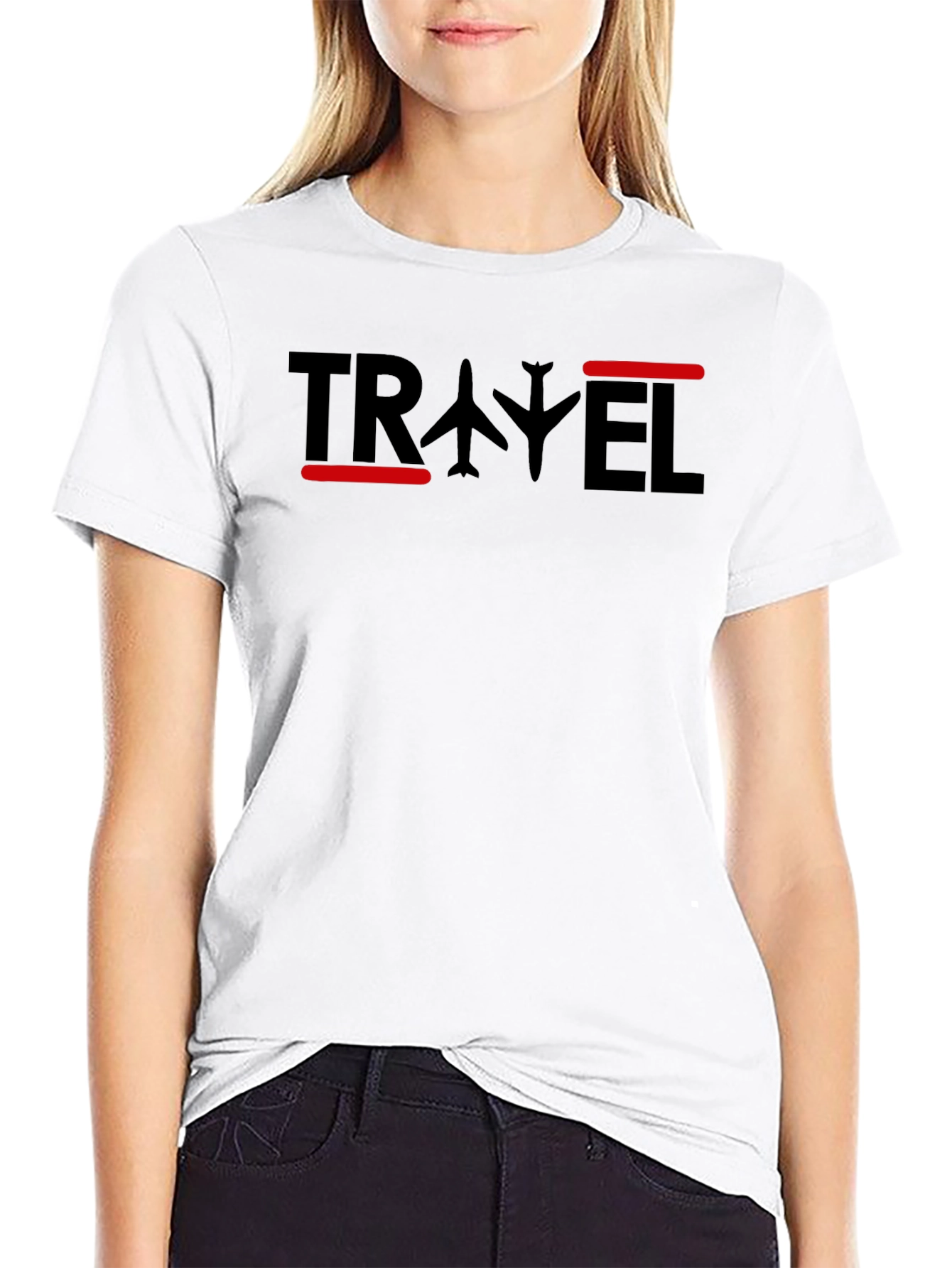 Travel Airplane Graphic T-Shirt - Black Crew Neck Tee