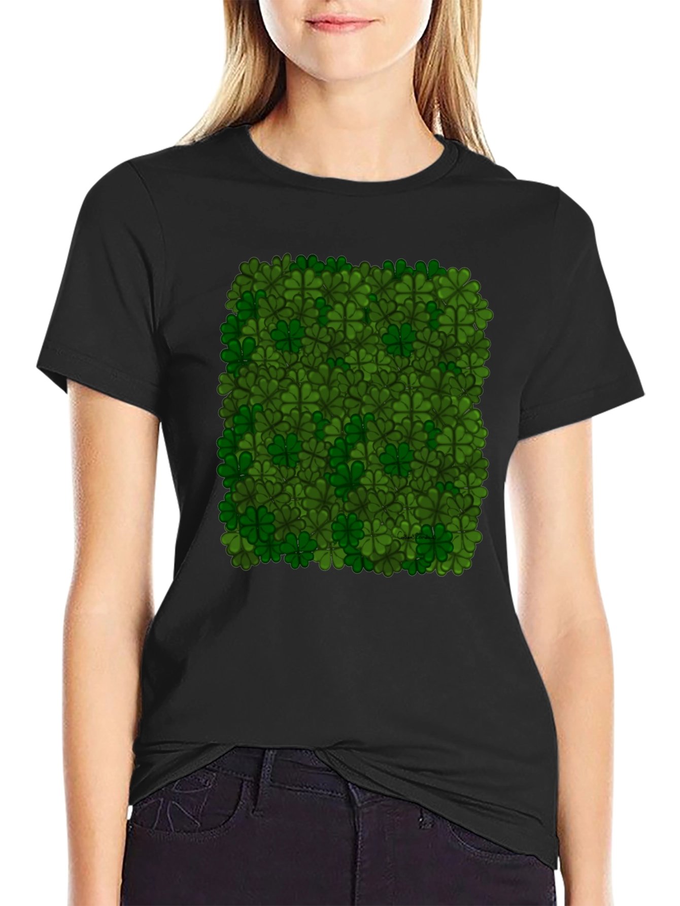 Lucky Clover Pattern Black T-Shirt