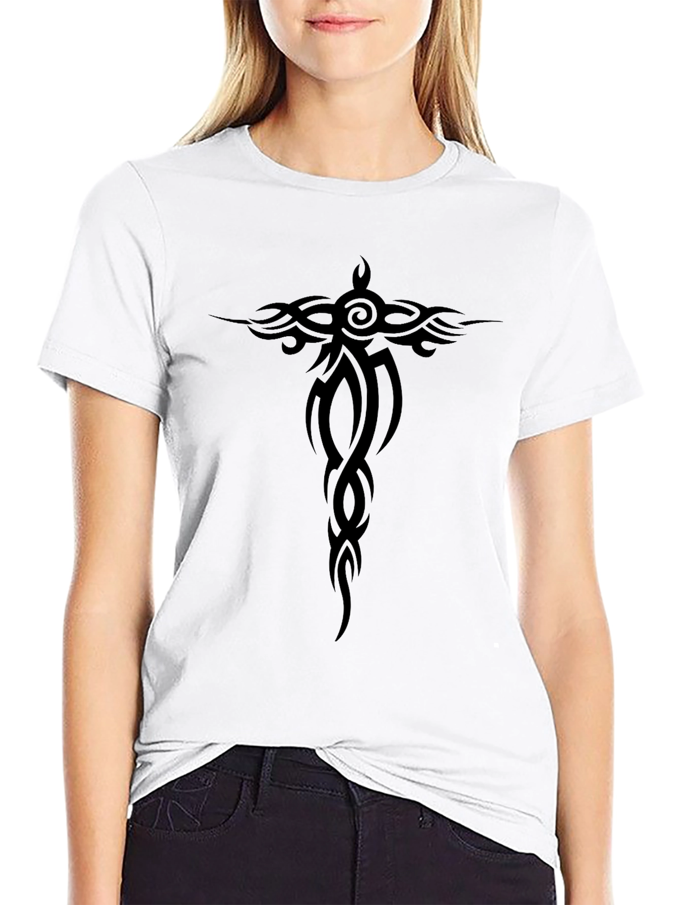 Tribal Tattoo Graphic Tee - Black Cotton Casual Shirt