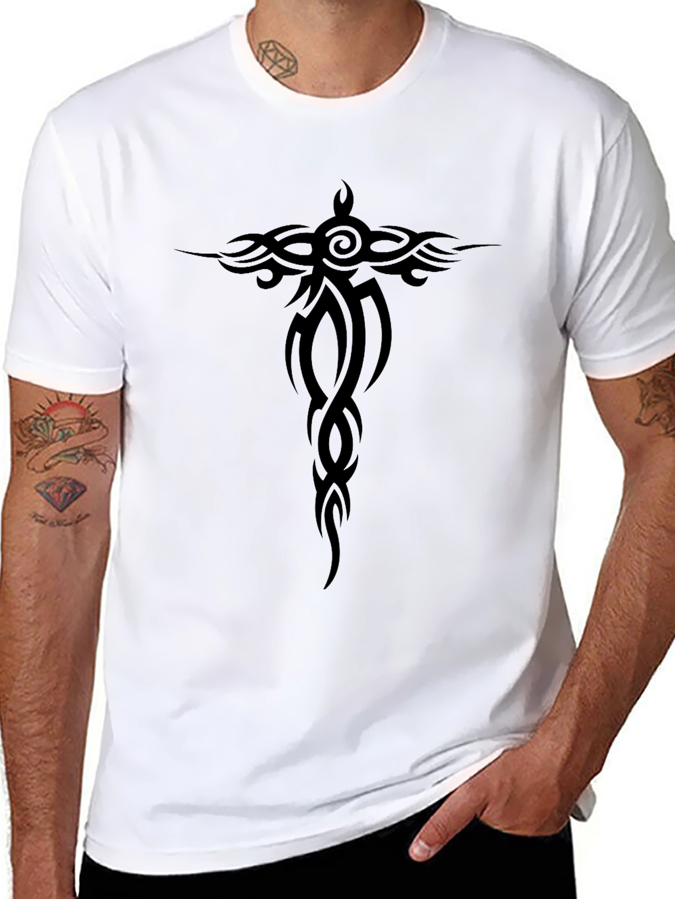 Tribal Tattoo Graphic Tee - Black Cotton Casual Shirt