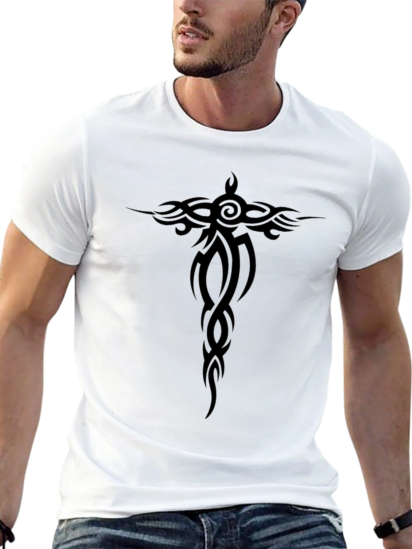 Tribal Tattoo Graphic Tee - Black Cotton Casual Shirt