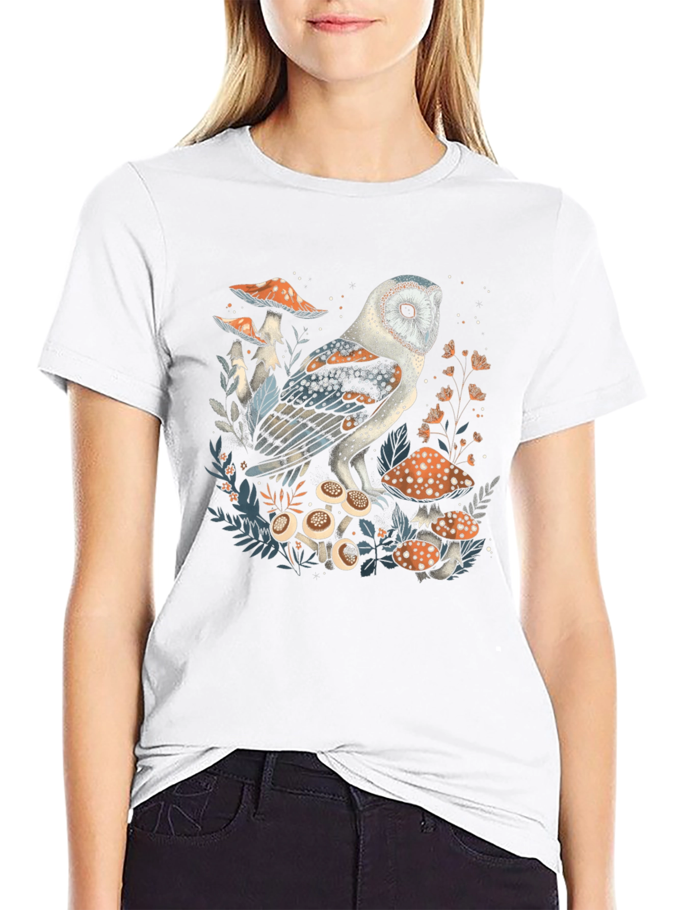 Owl and Mushroom Graphic T-Shirt