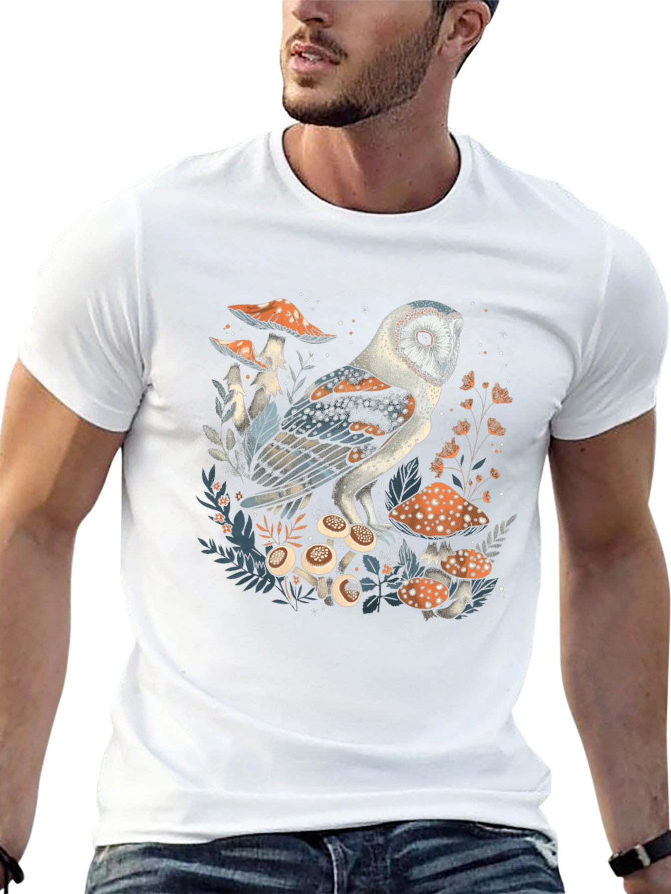 Owl and Mushroom Graphic T-Shirt