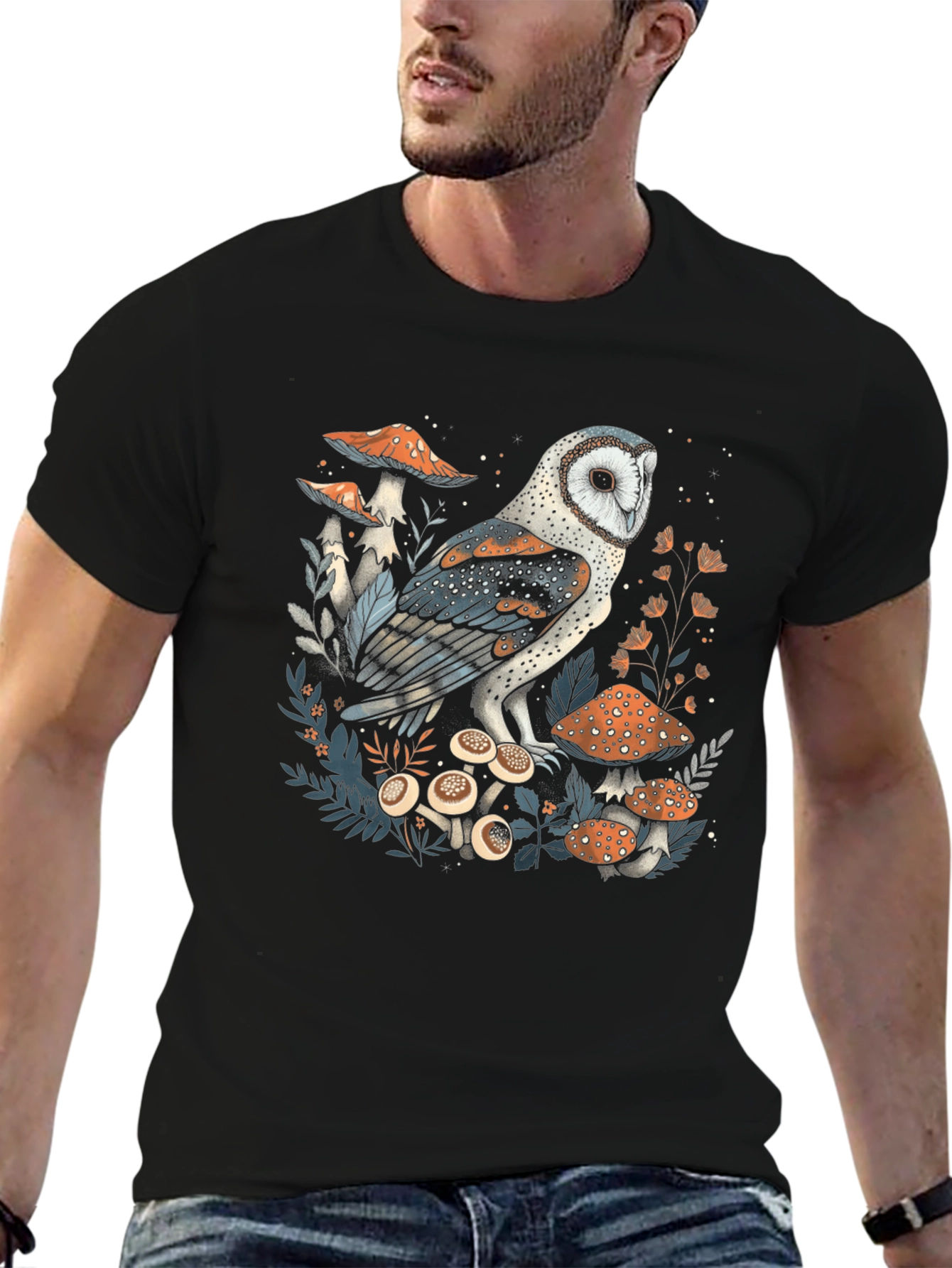 Owl and Mushroom Graphic T-Shirt