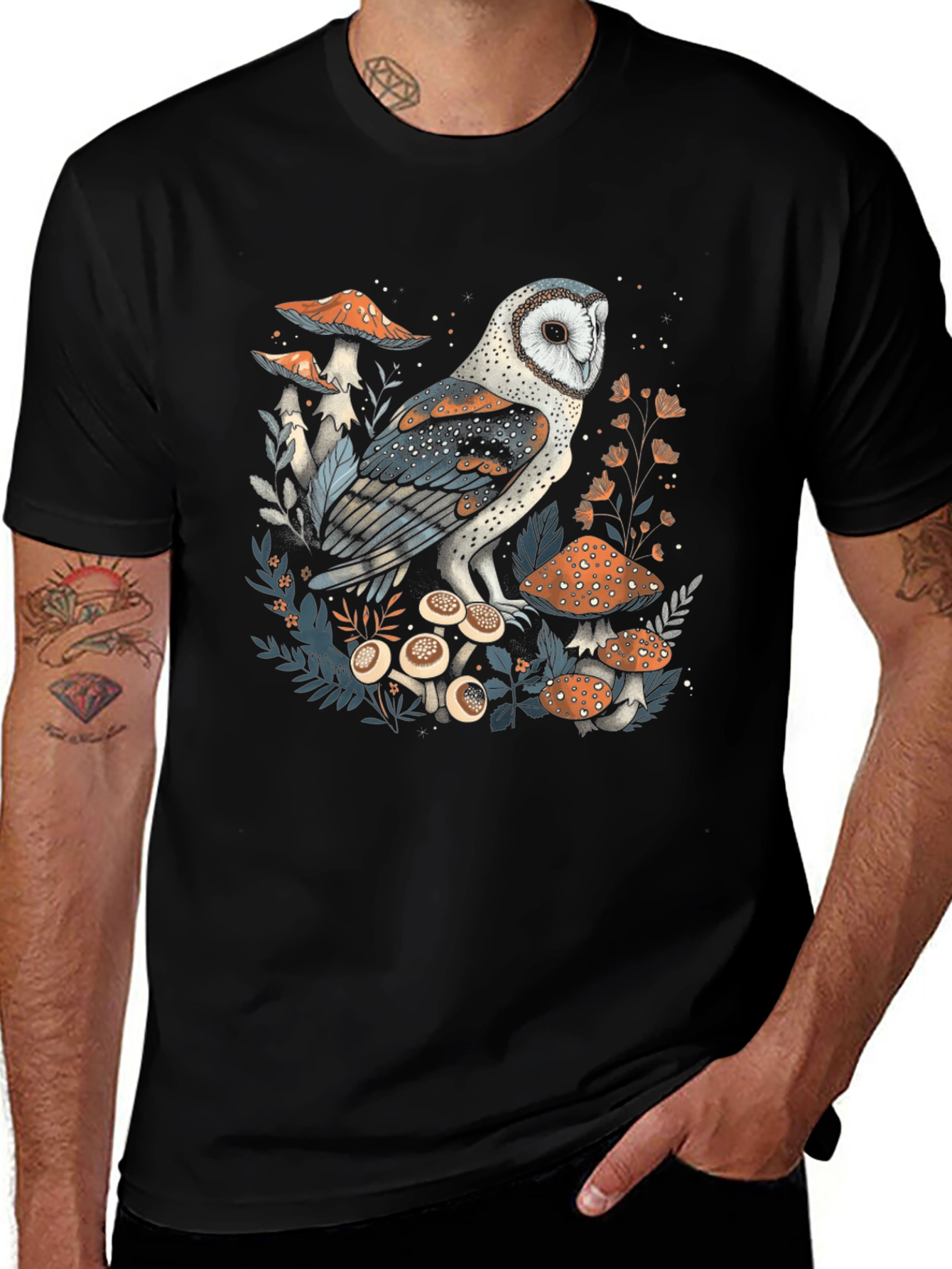 Owl and Mushroom Graphic T-Shirt