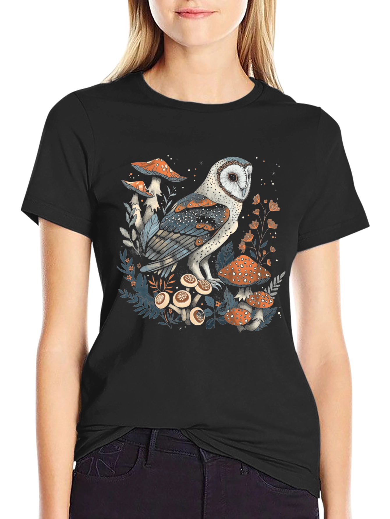 Owl and Mushroom Graphic T-Shirt