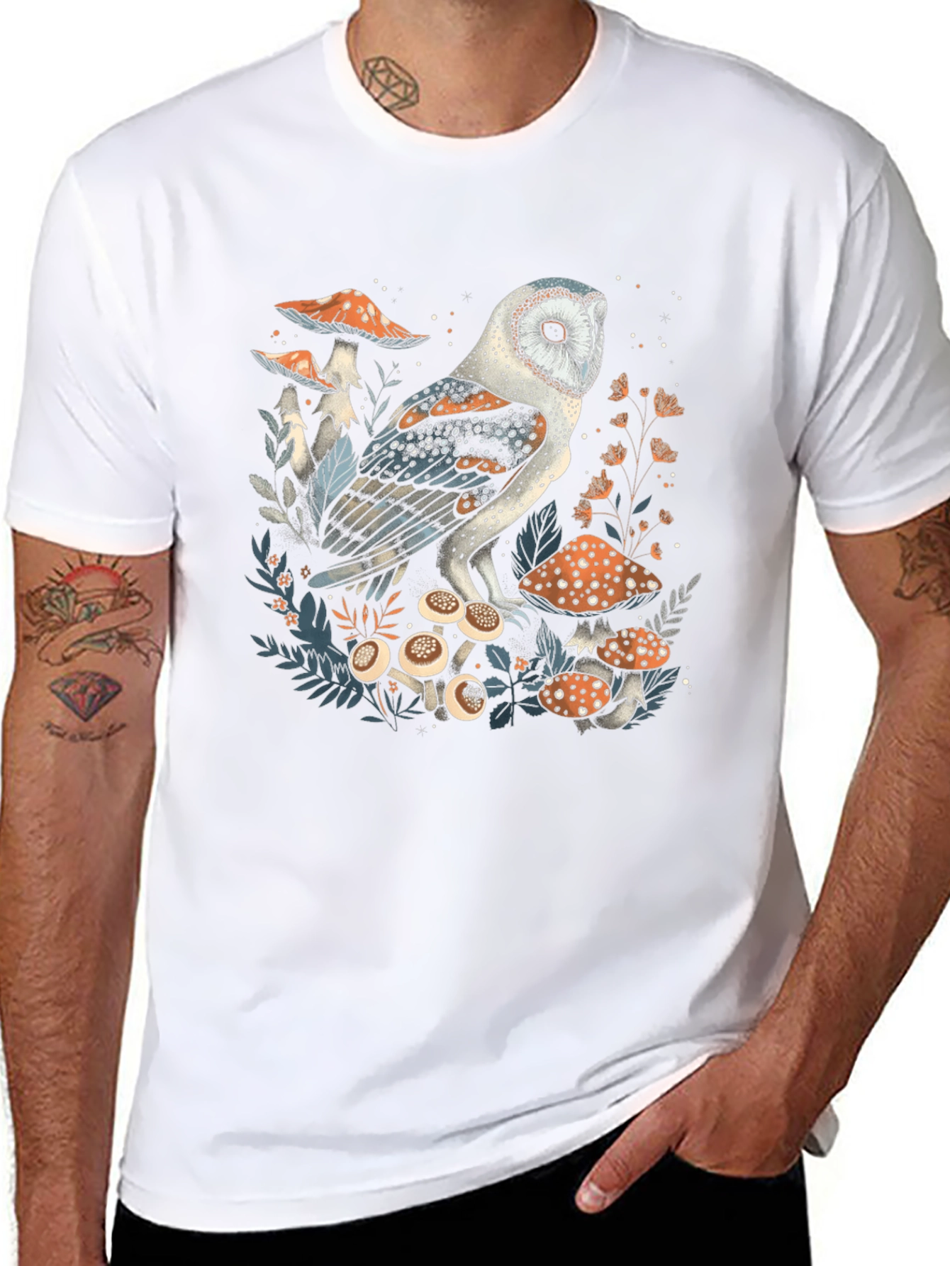 Owl and Mushroom Graphic T-Shirt