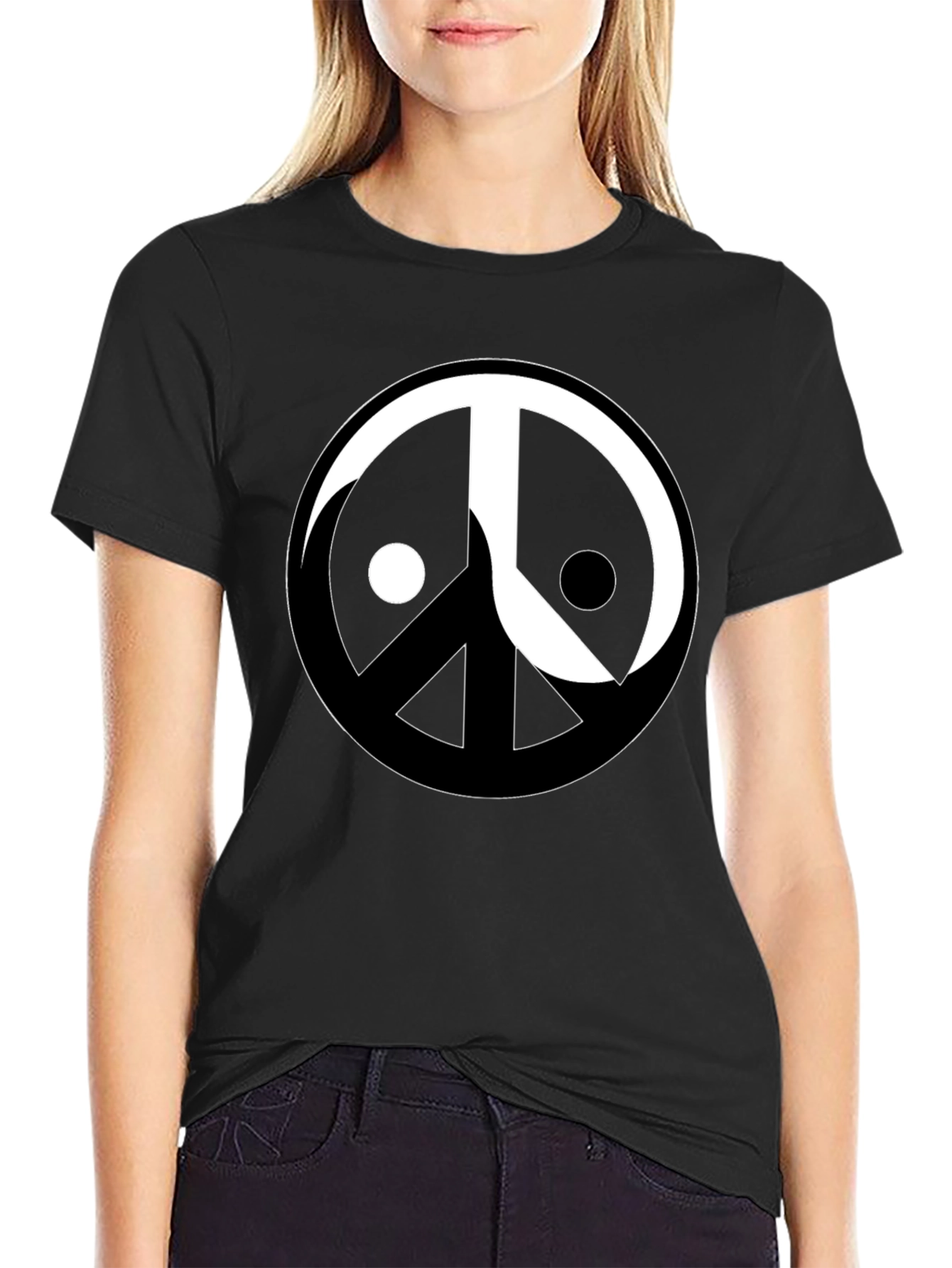 Yin Yang Peace Sign Graphic Tee - Black