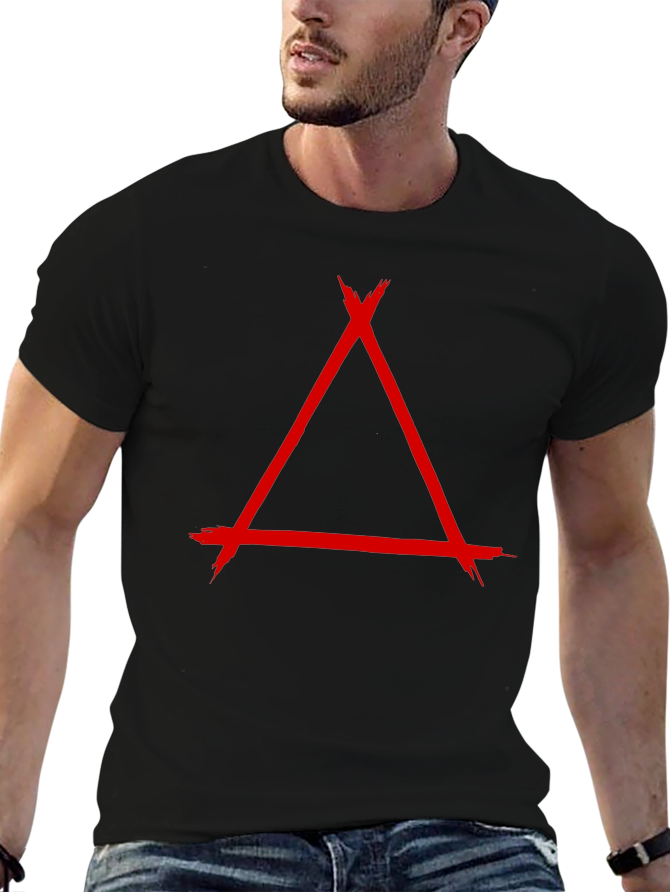 Geometric Red Triangle Graphic Print Black T-Shirt
