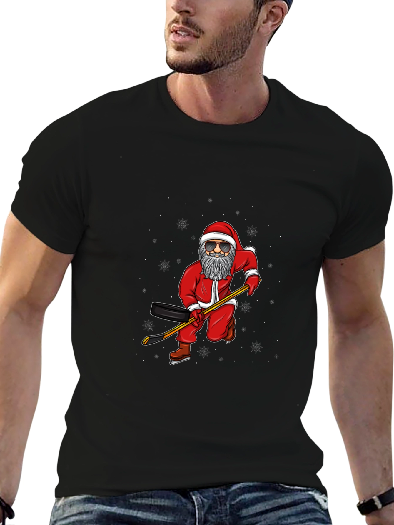 Santa Hockey Player Black T-Shirt