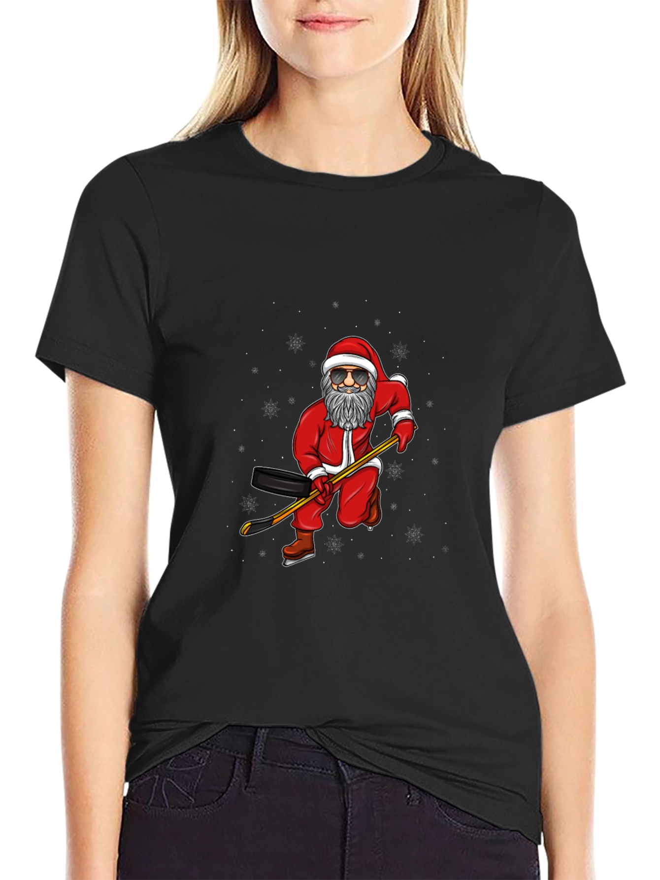 Santa Hockey Player Black T-Shirt