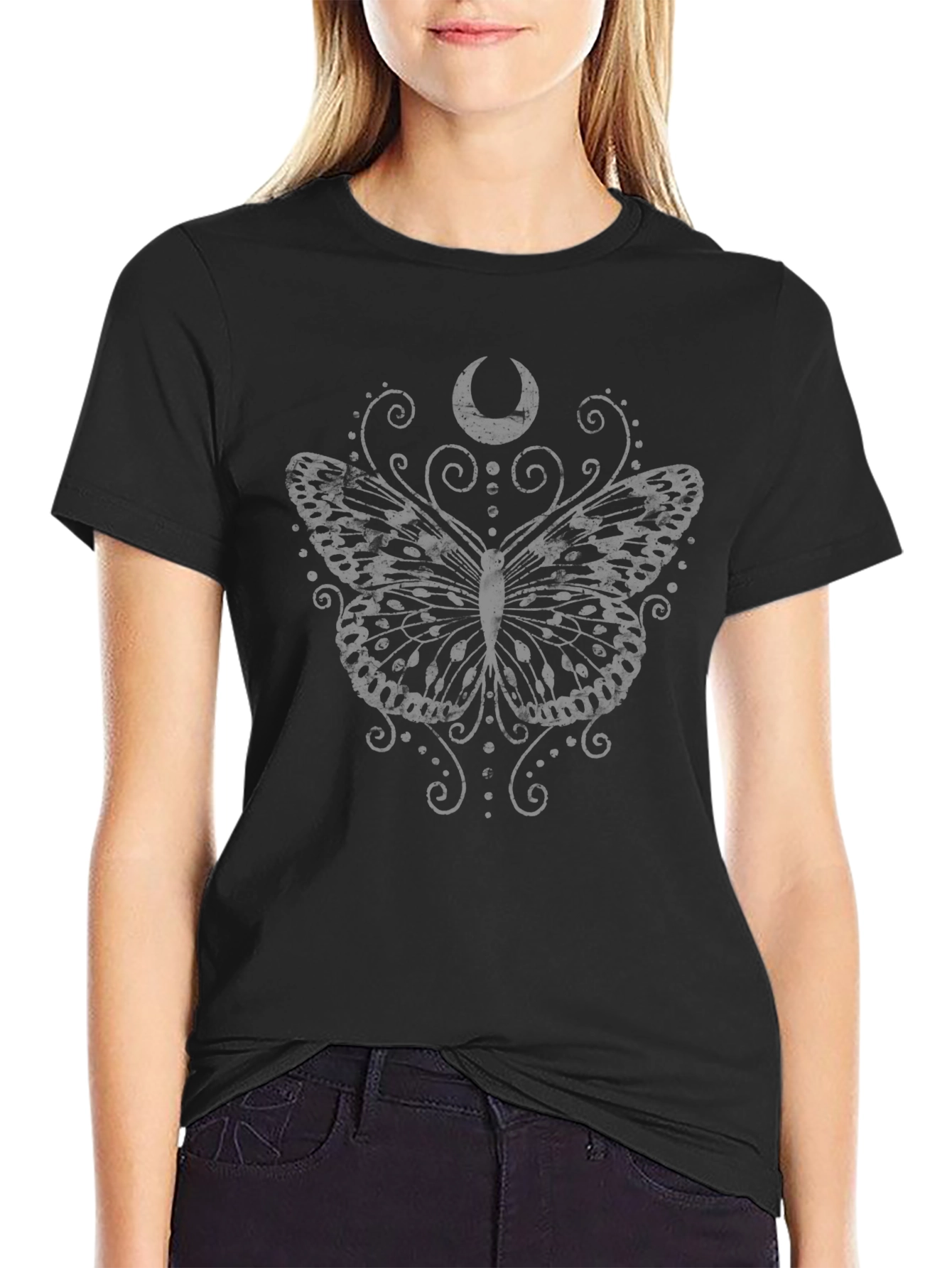 Moon Butterfly Graphic T-Shirt - Black
