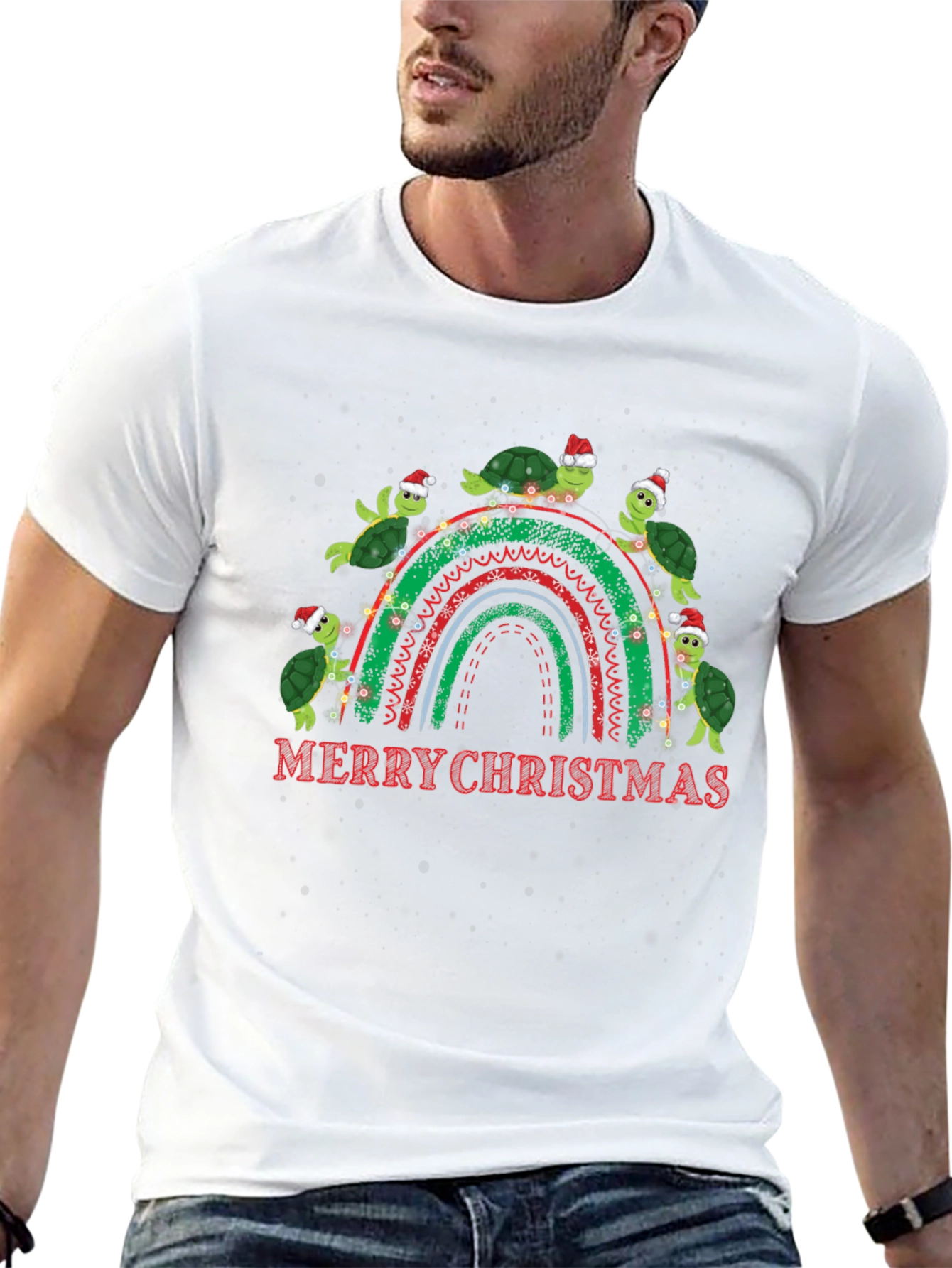 Merry Christmas Turtles Rainbow Graphic T-Shirt