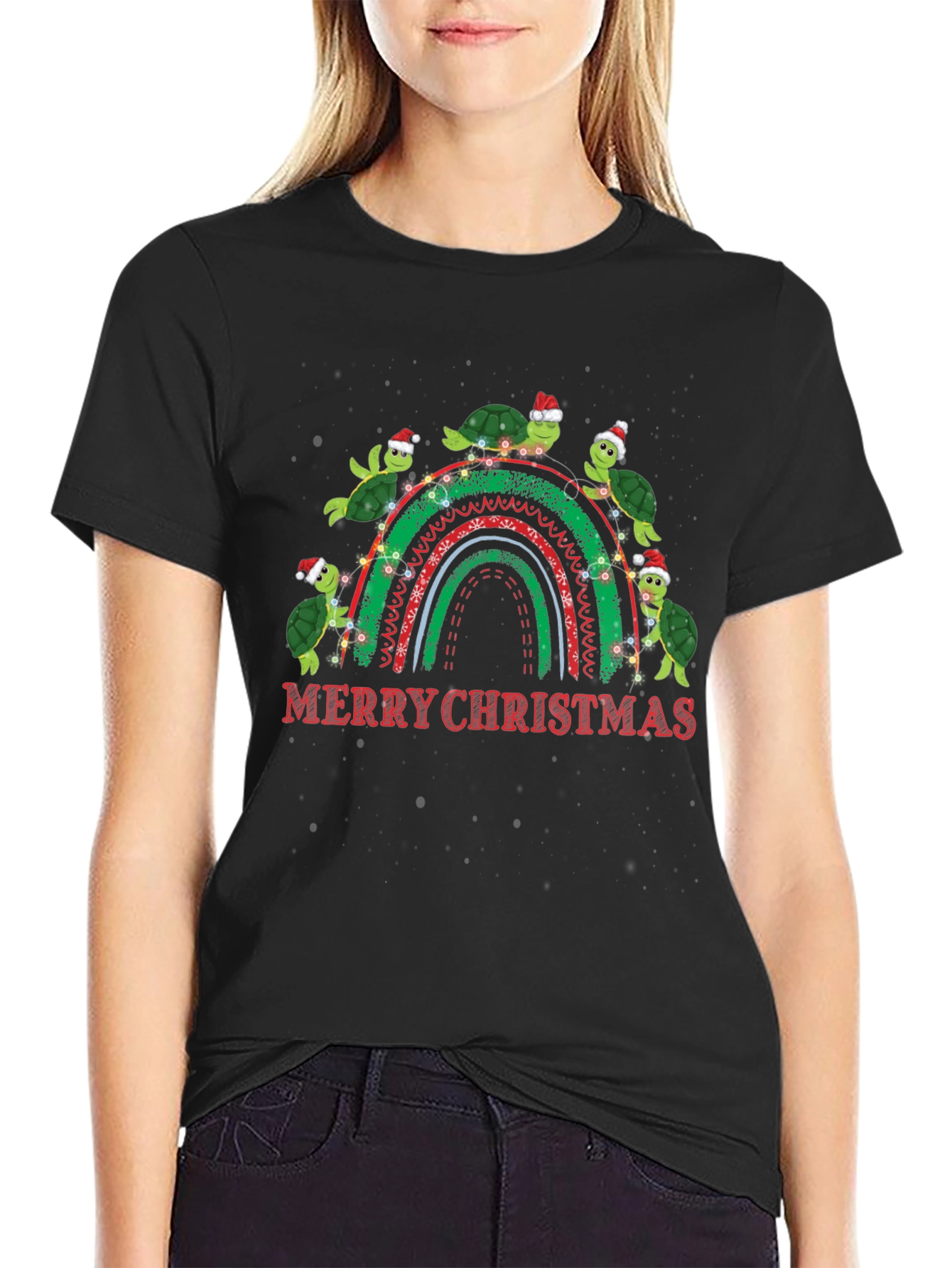 Merry Christmas Turtles Rainbow Graphic T-Shirt