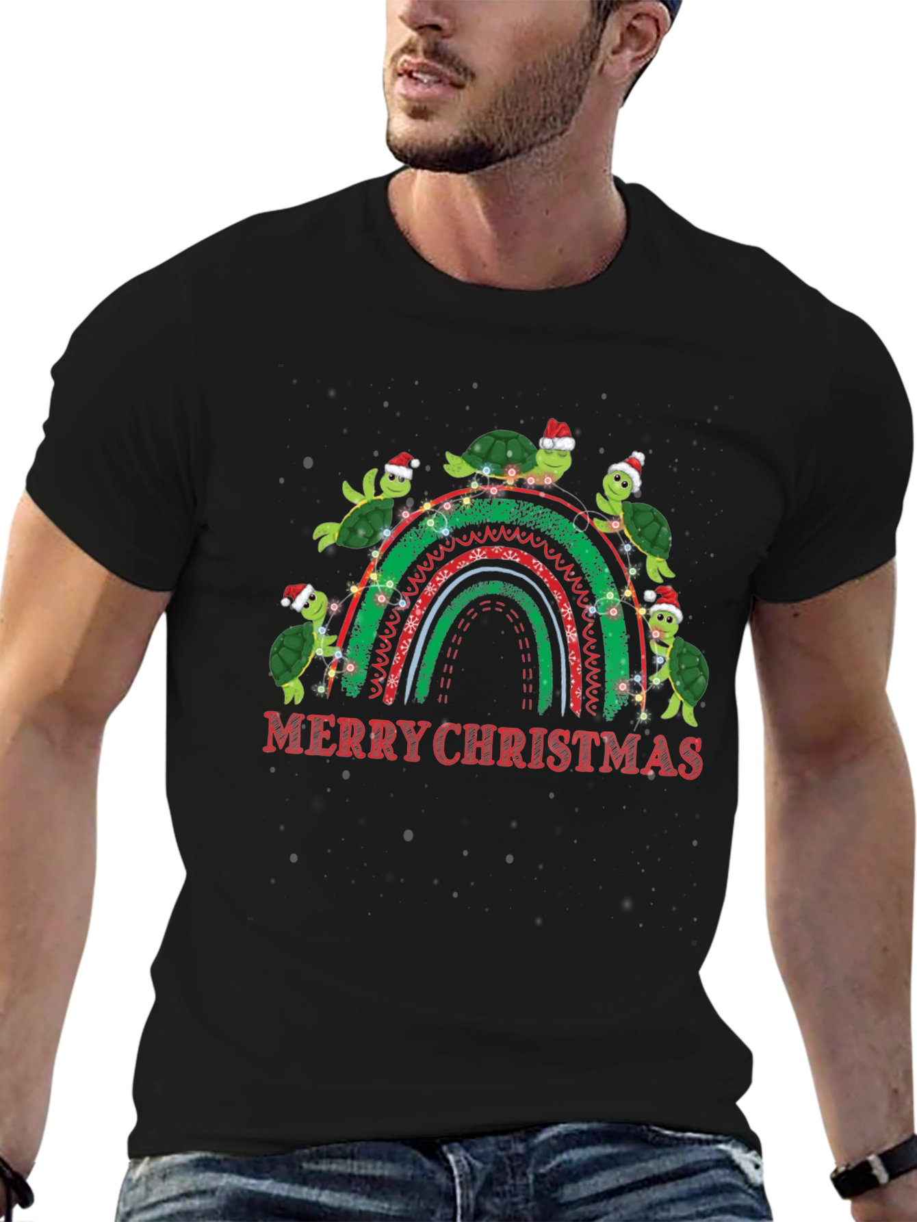 Merry Christmas Turtles Rainbow Graphic T-Shirt