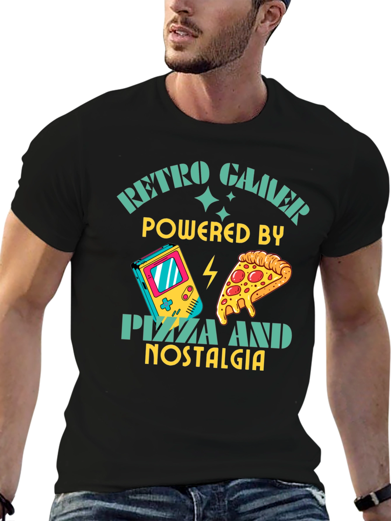 Retro Gamer Pizza Nostalgia Black T-Shirt