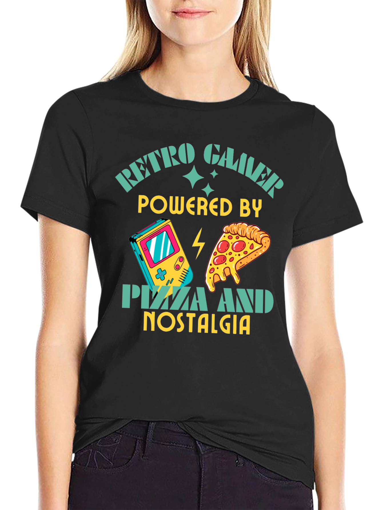 Retro Gamer Pizza Nostalgia Black T-Shirt