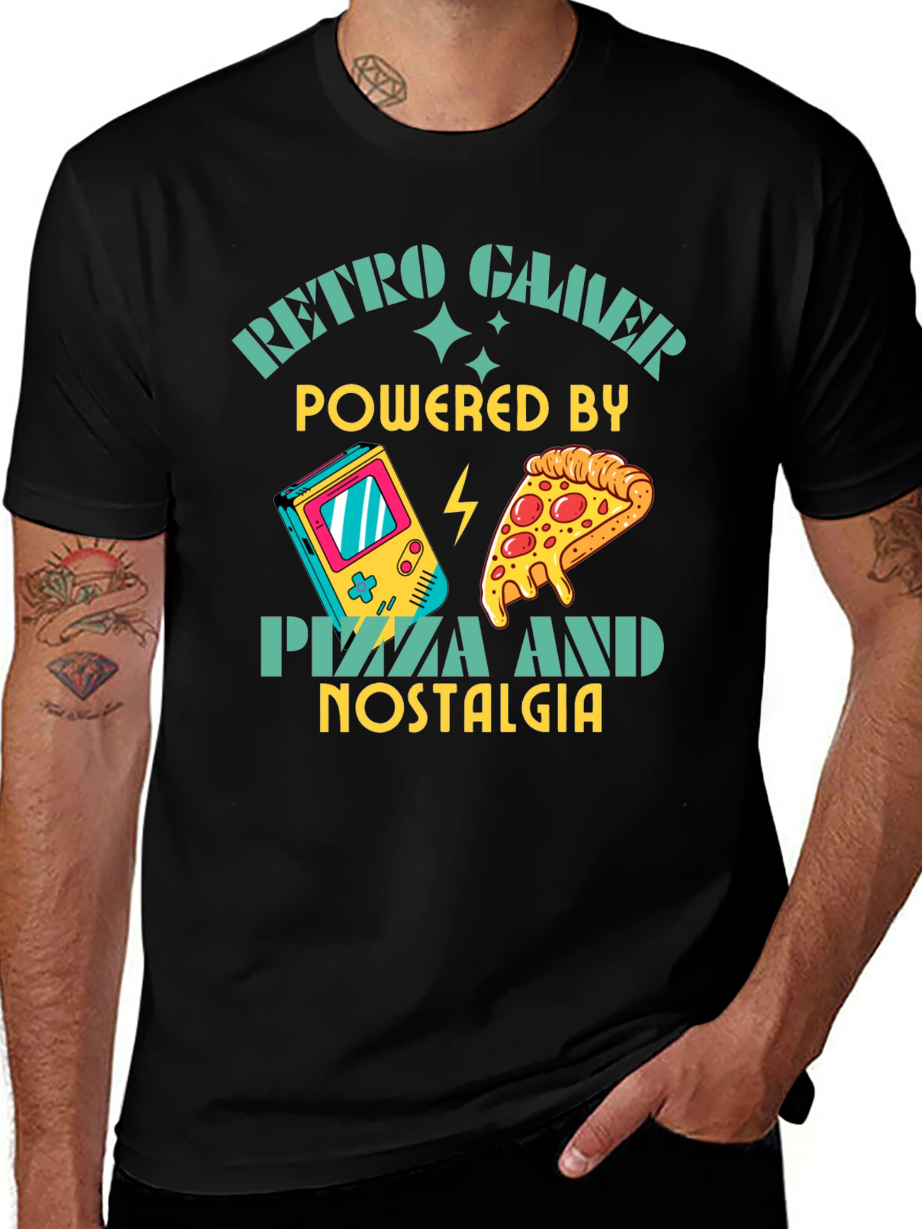 Retro Gamer Pizza Nostalgia Black T-Shirt
