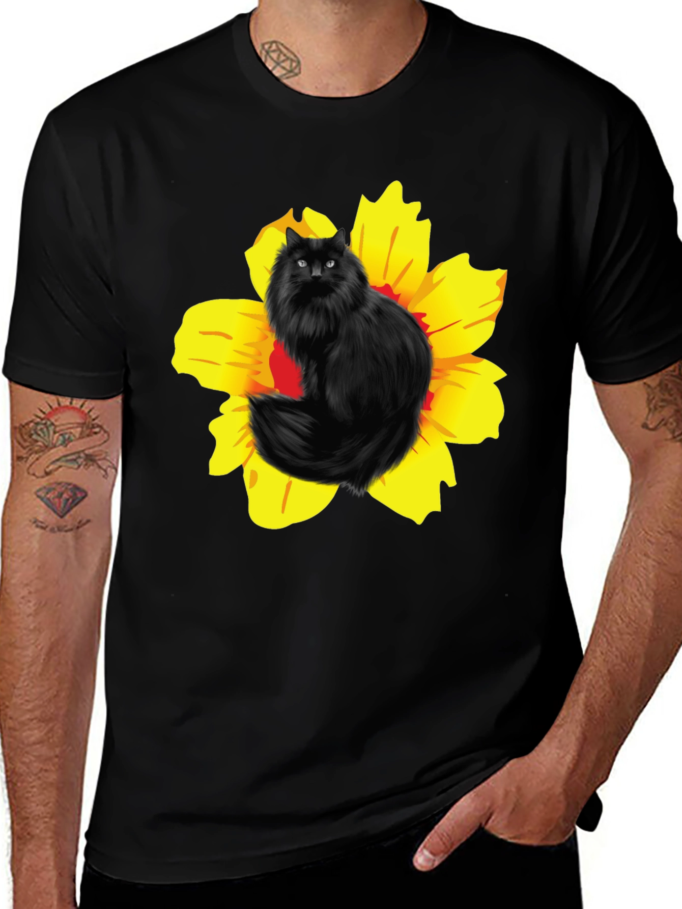 Black Cat in Flower T-Shirt Unisex Cotton Tee