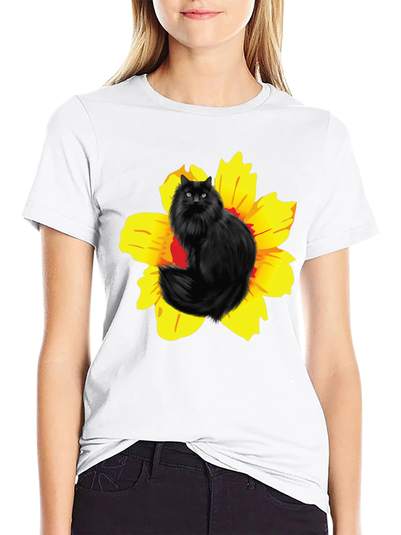 Black Cat in Flower T-Shirt Unisex Cotton Tee