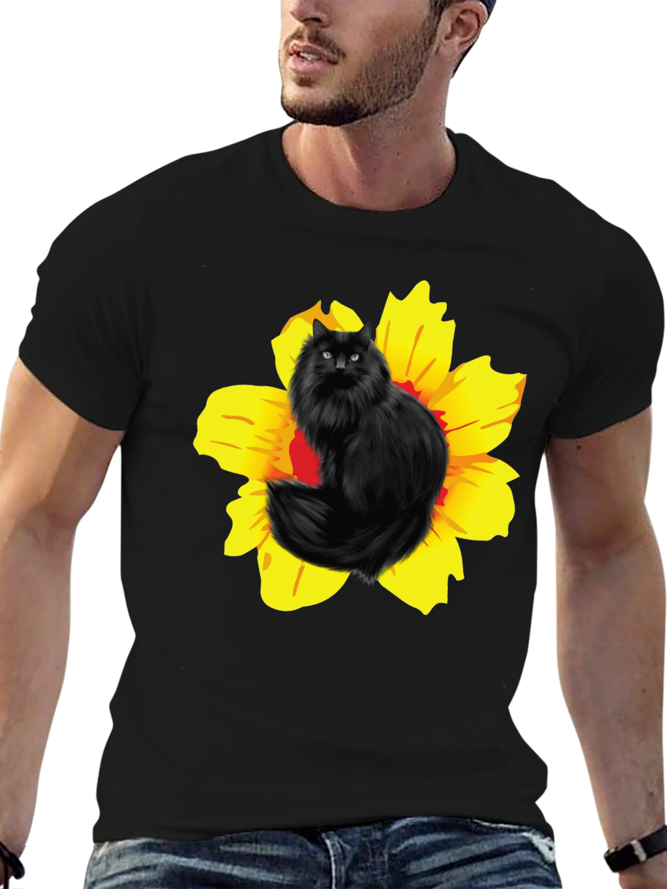 Black Cat in Flower T-Shirt Unisex Cotton Tee