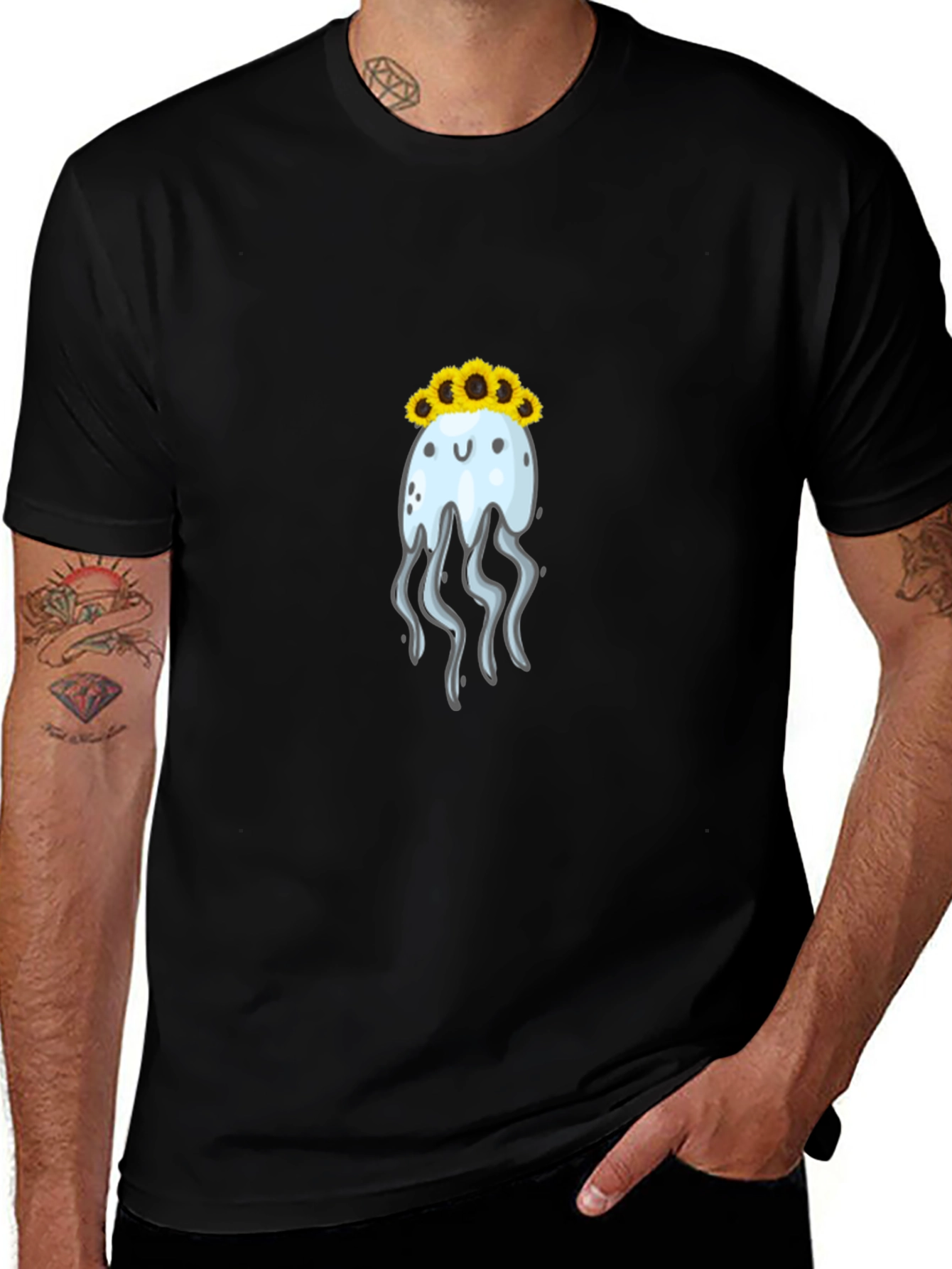 Jellyfish Sunflower Crown Black T-Shirt