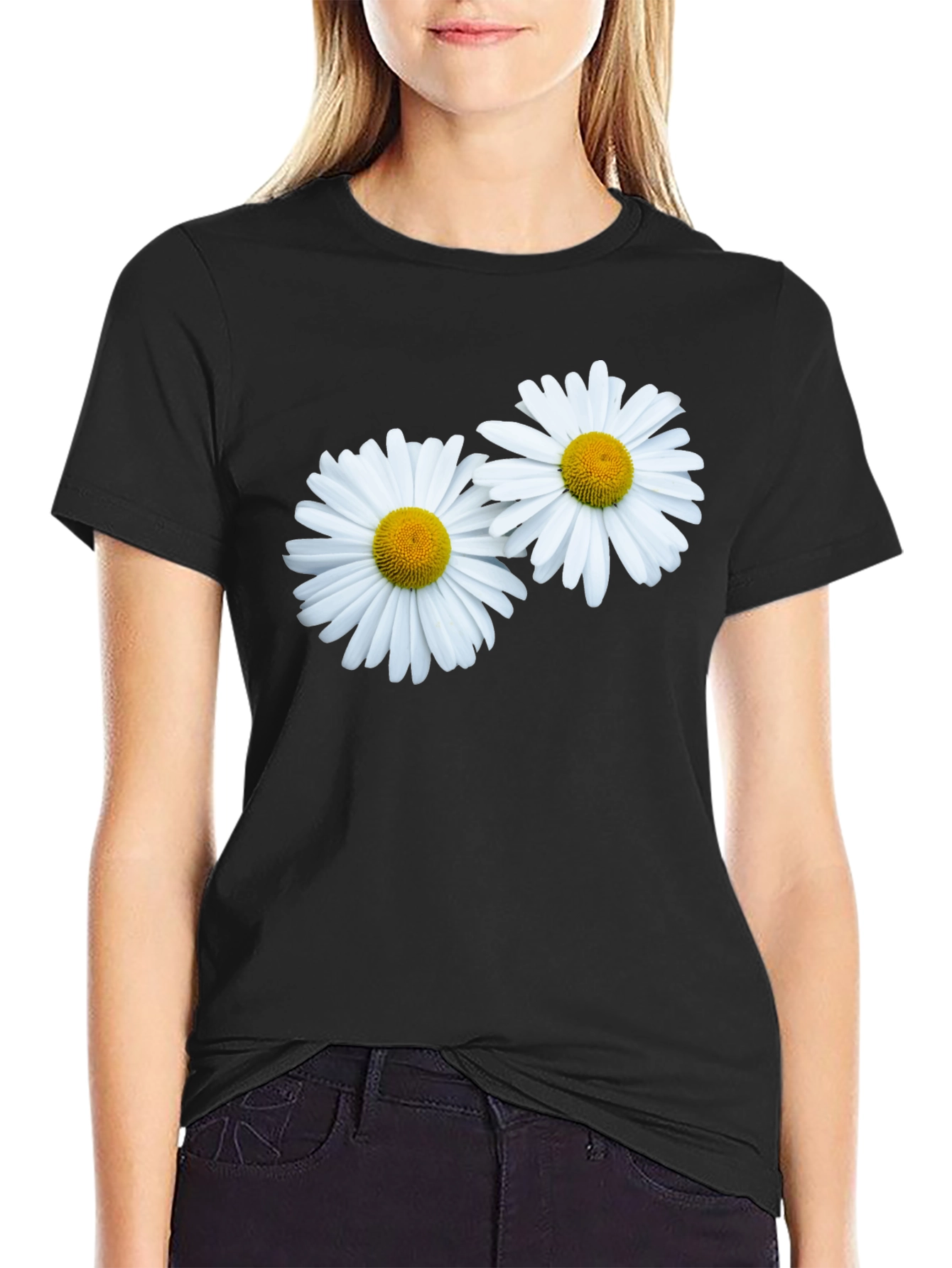 Daisy Flower Graphic Black T-Shirt