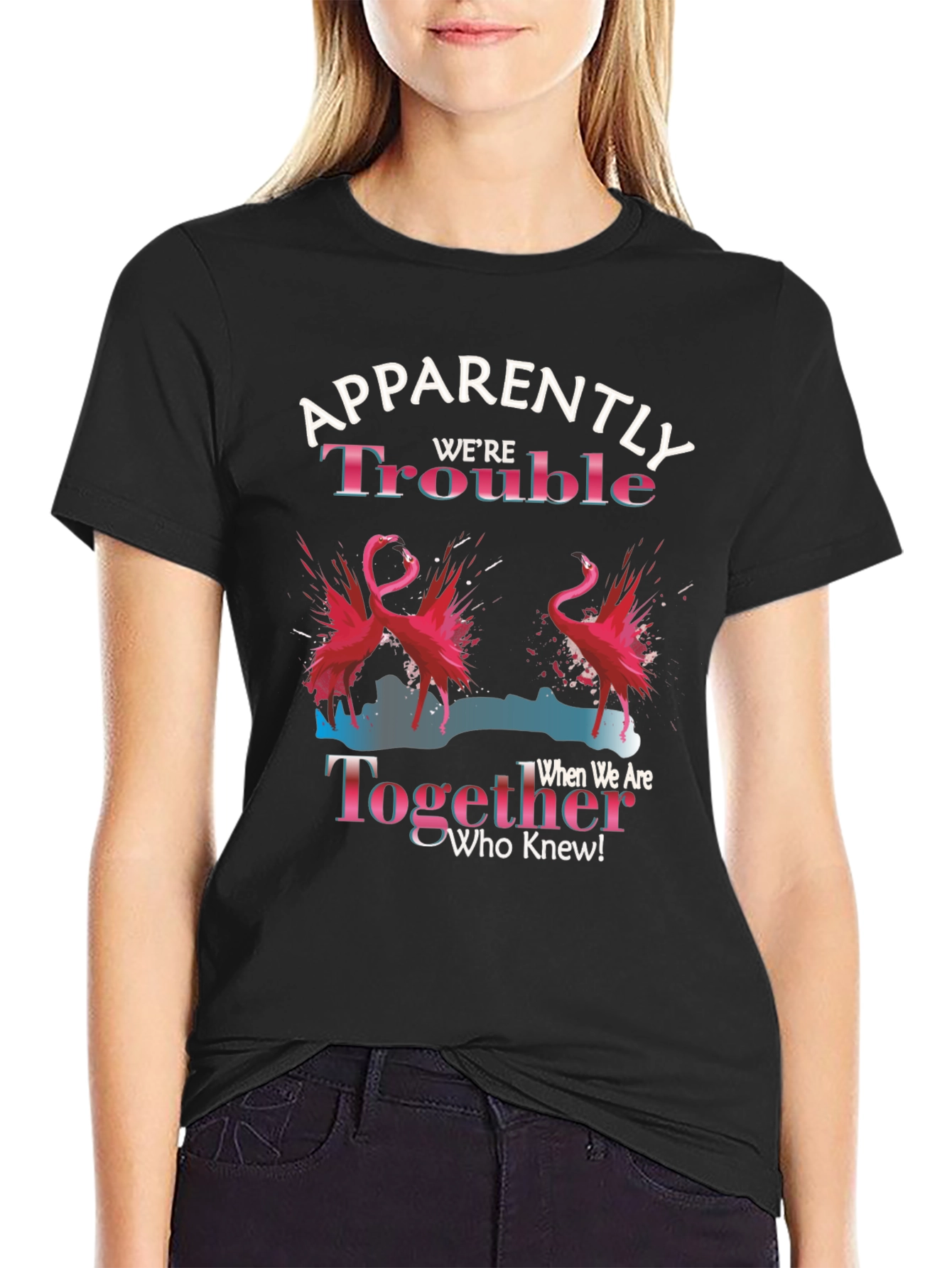 Funny Flamingo Trouble Together Graphic T-Shirt