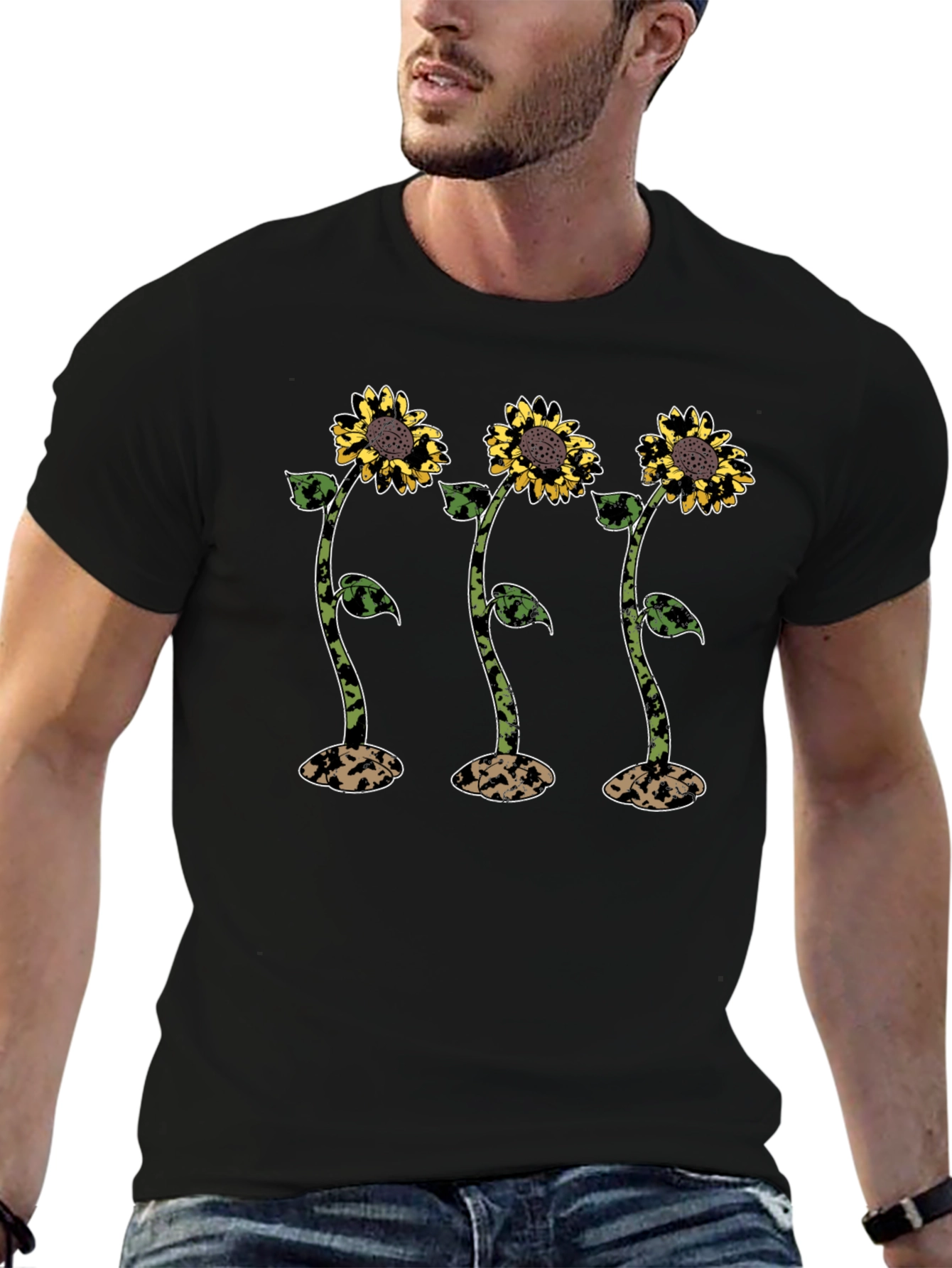 Sunflower Graphic Print Mens Black T-Shirt