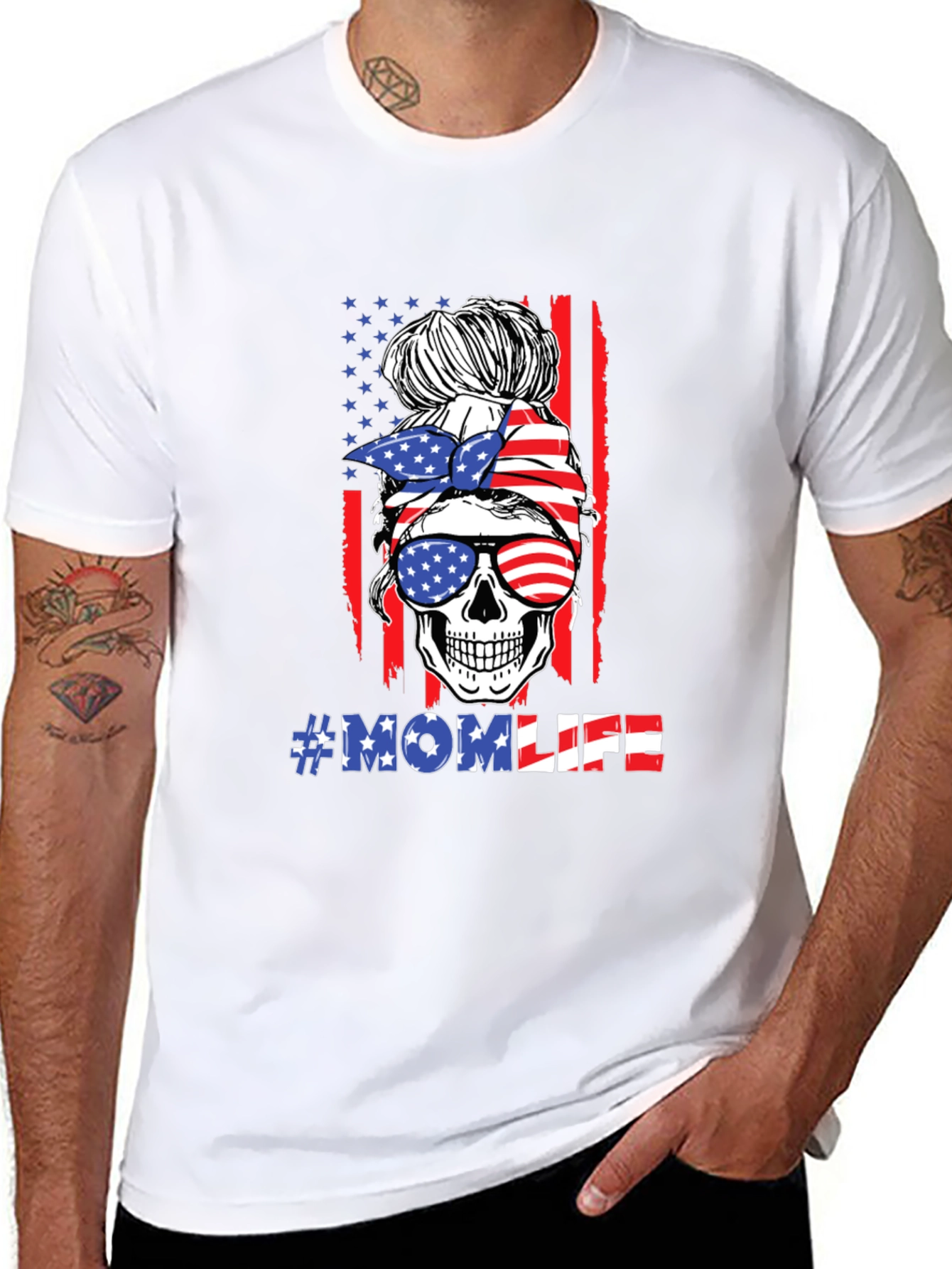 Mom Life Skull USA Flag Graphic T-Shirt