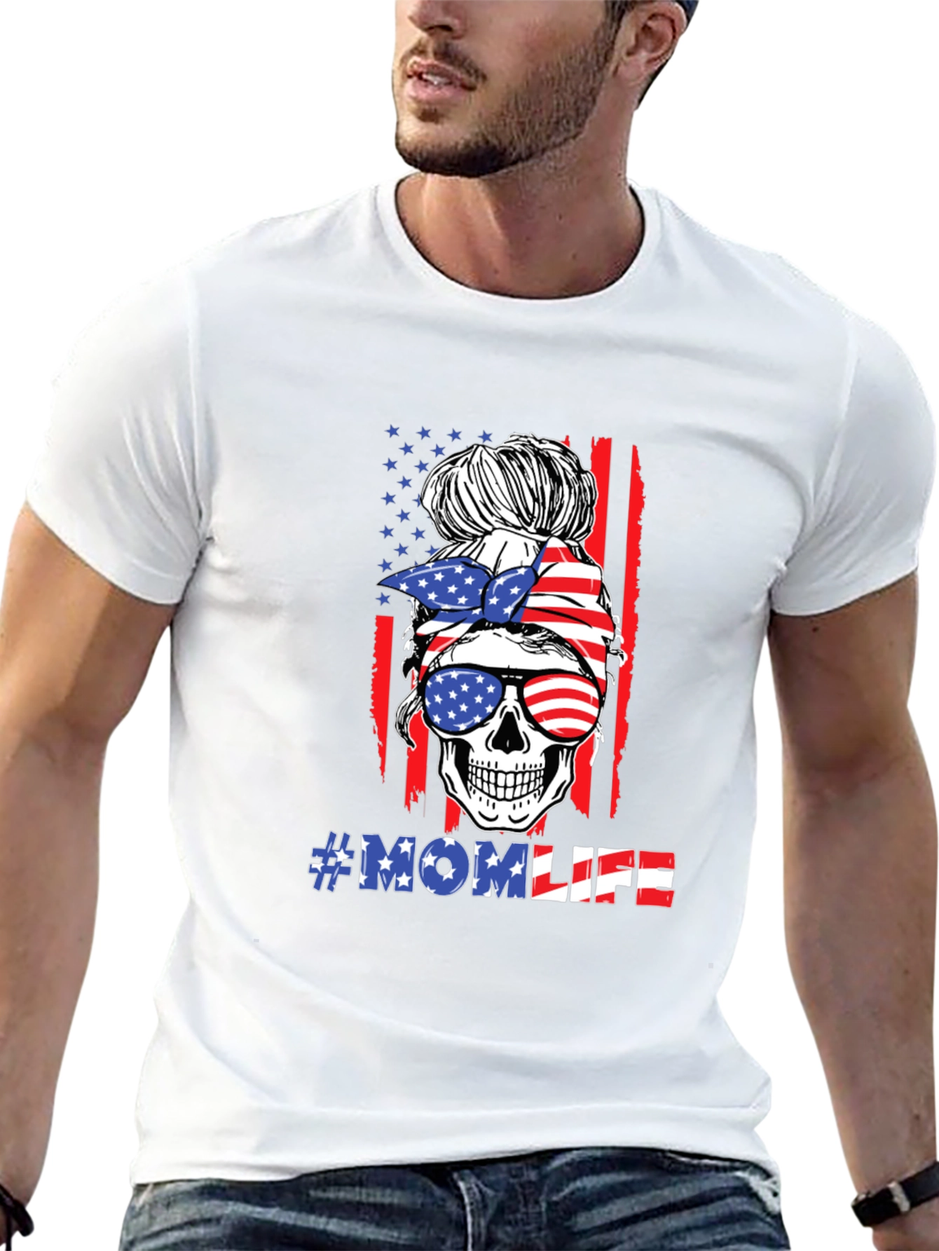 Mom Life Skull USA Flag Graphic T-Shirt