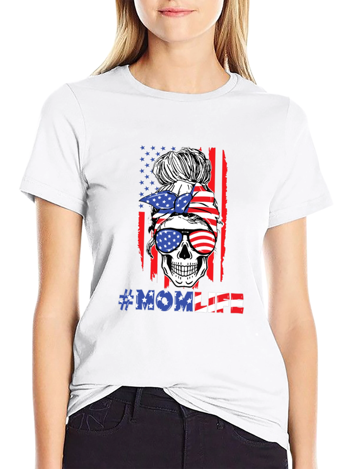 Mom Life Skull USA Flag Graphic T-Shirt