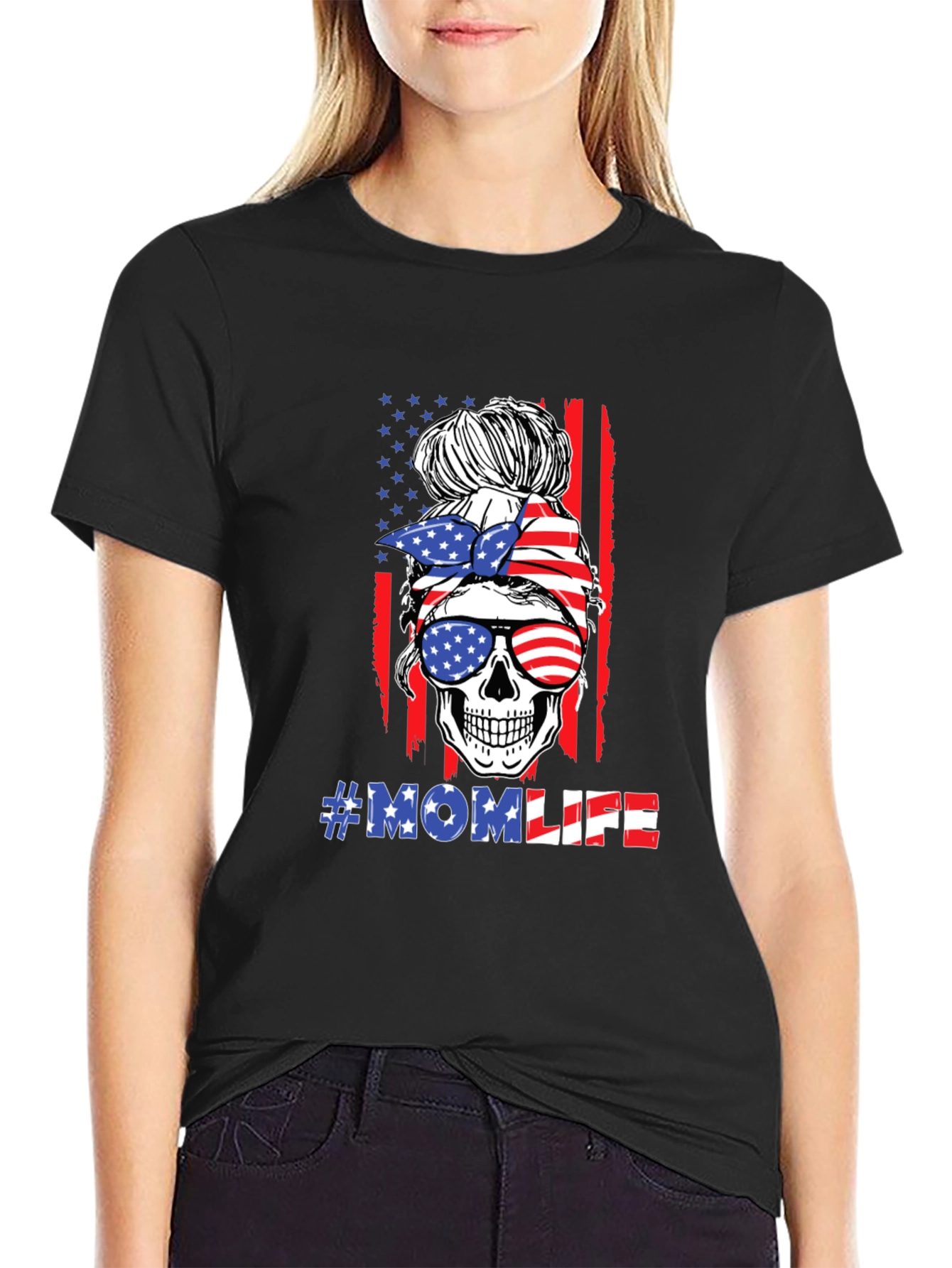 Mom Life Skull USA Flag Graphic T-Shirt