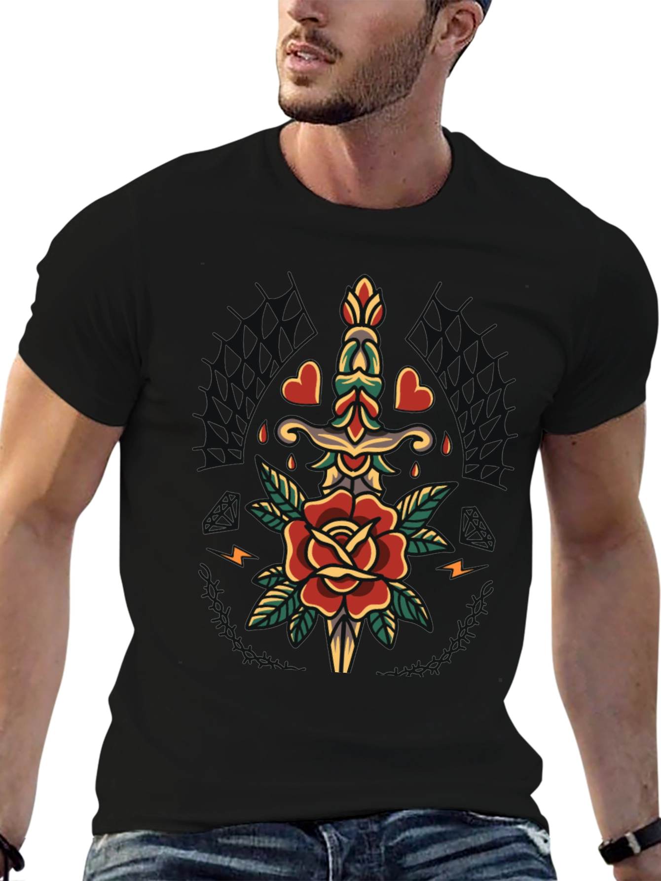 Rose & Dagger Graphic Tee - Classic Tattoo Design