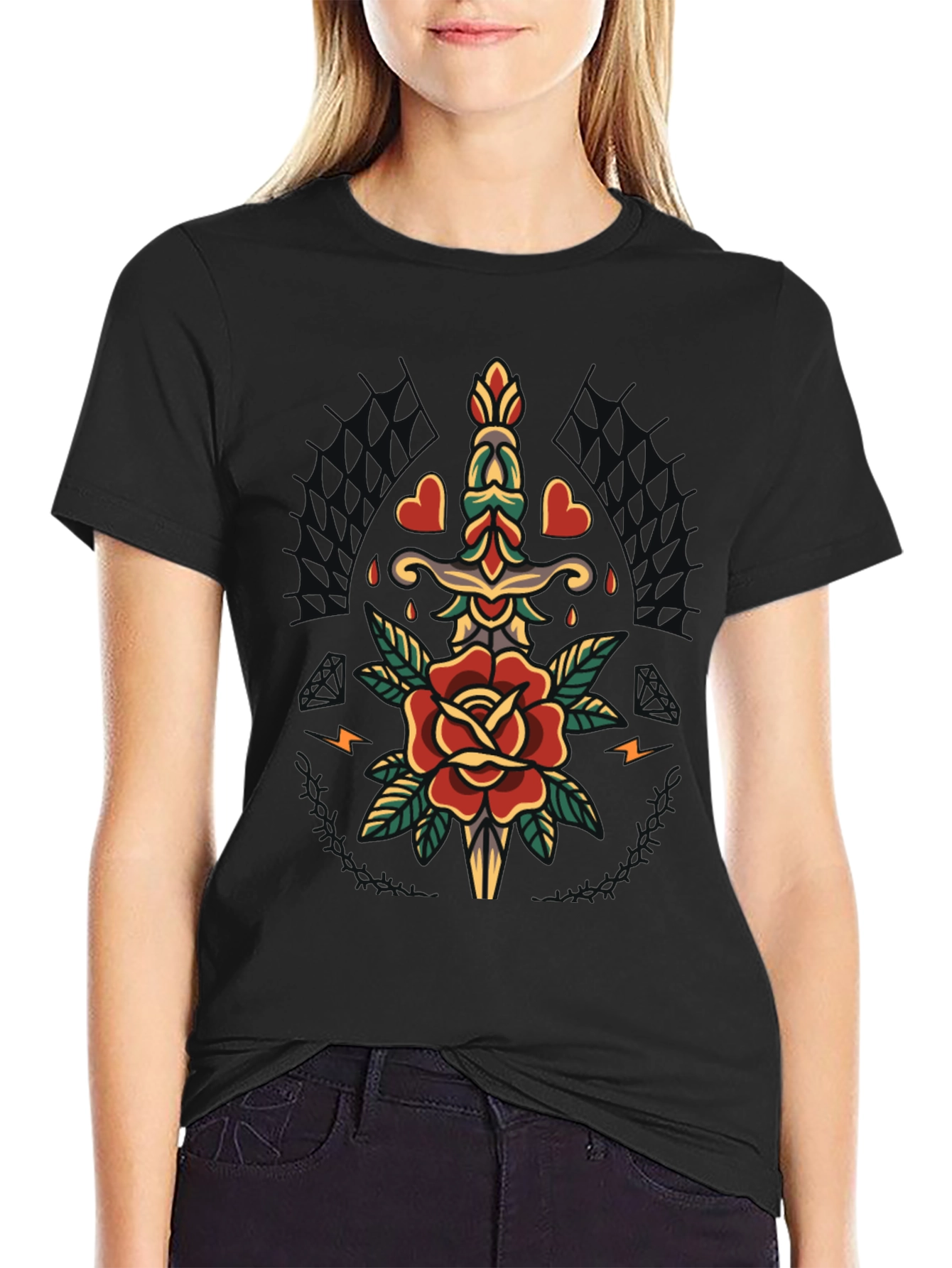 Rose & Dagger Graphic Tee - Classic Tattoo Design