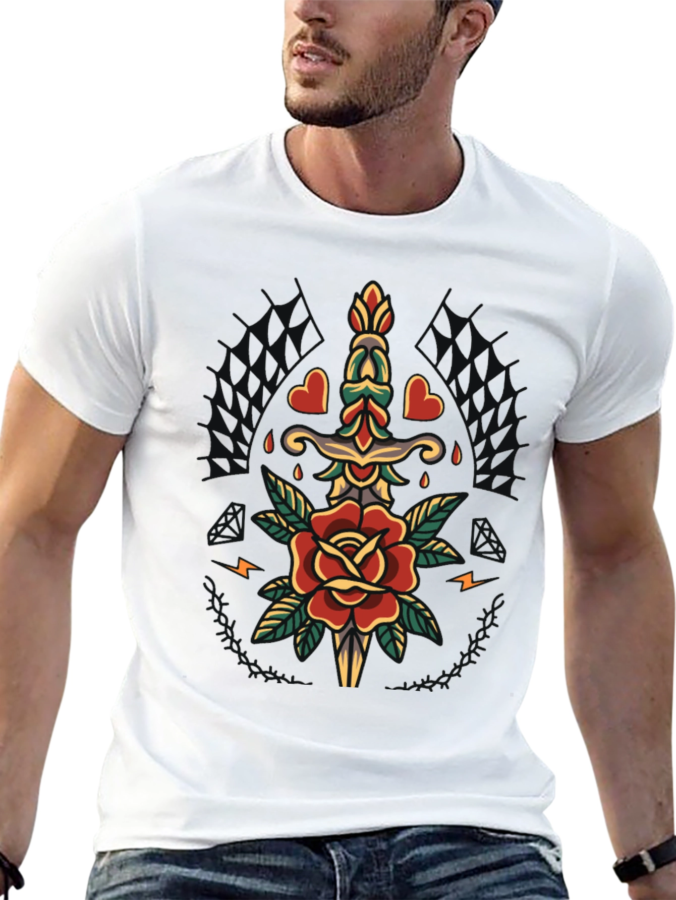 Rose & Dagger Graphic Tee - Classic Tattoo Design