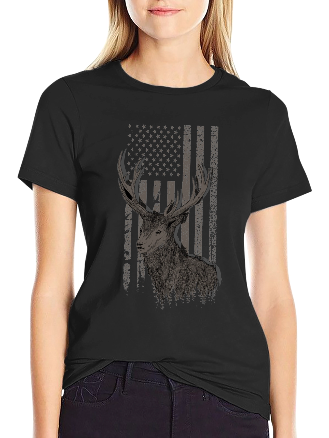 Deer Flag Graphic Tee - Black Cotton Blend