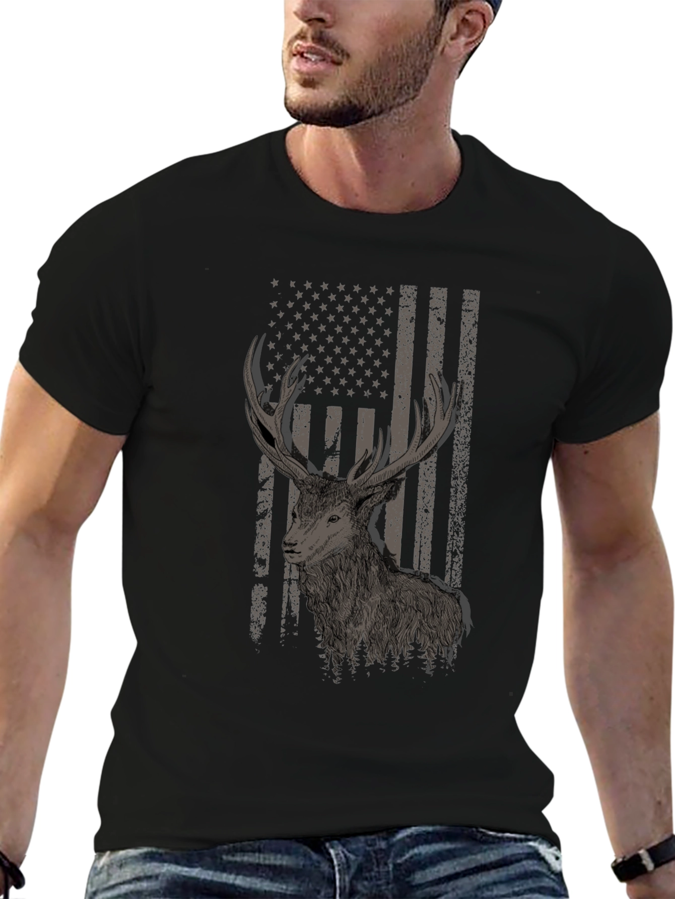 Deer Flag Graphic Tee - Black Cotton Blend