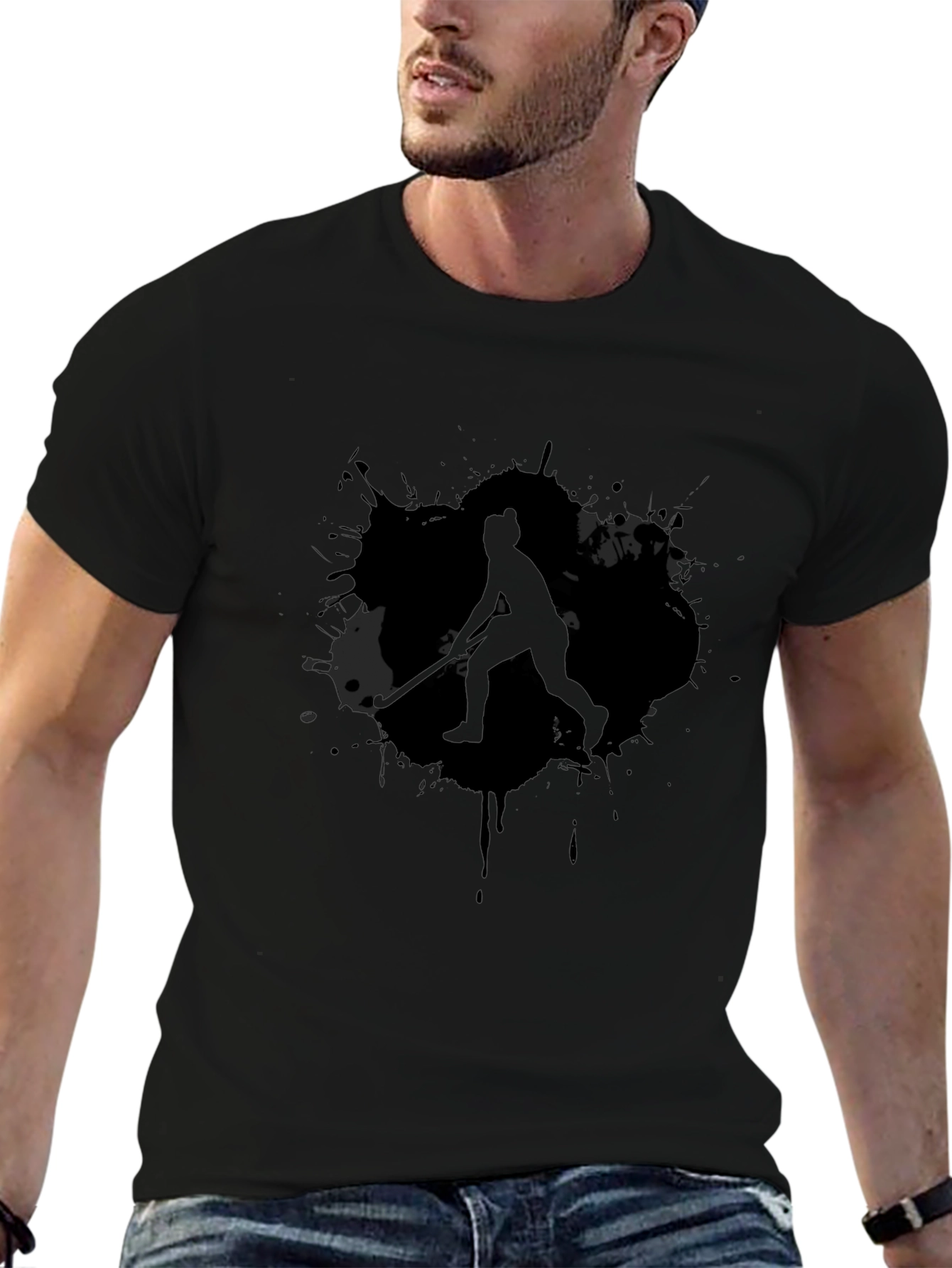 Hockey Player Graphic Tee - Black Cotton